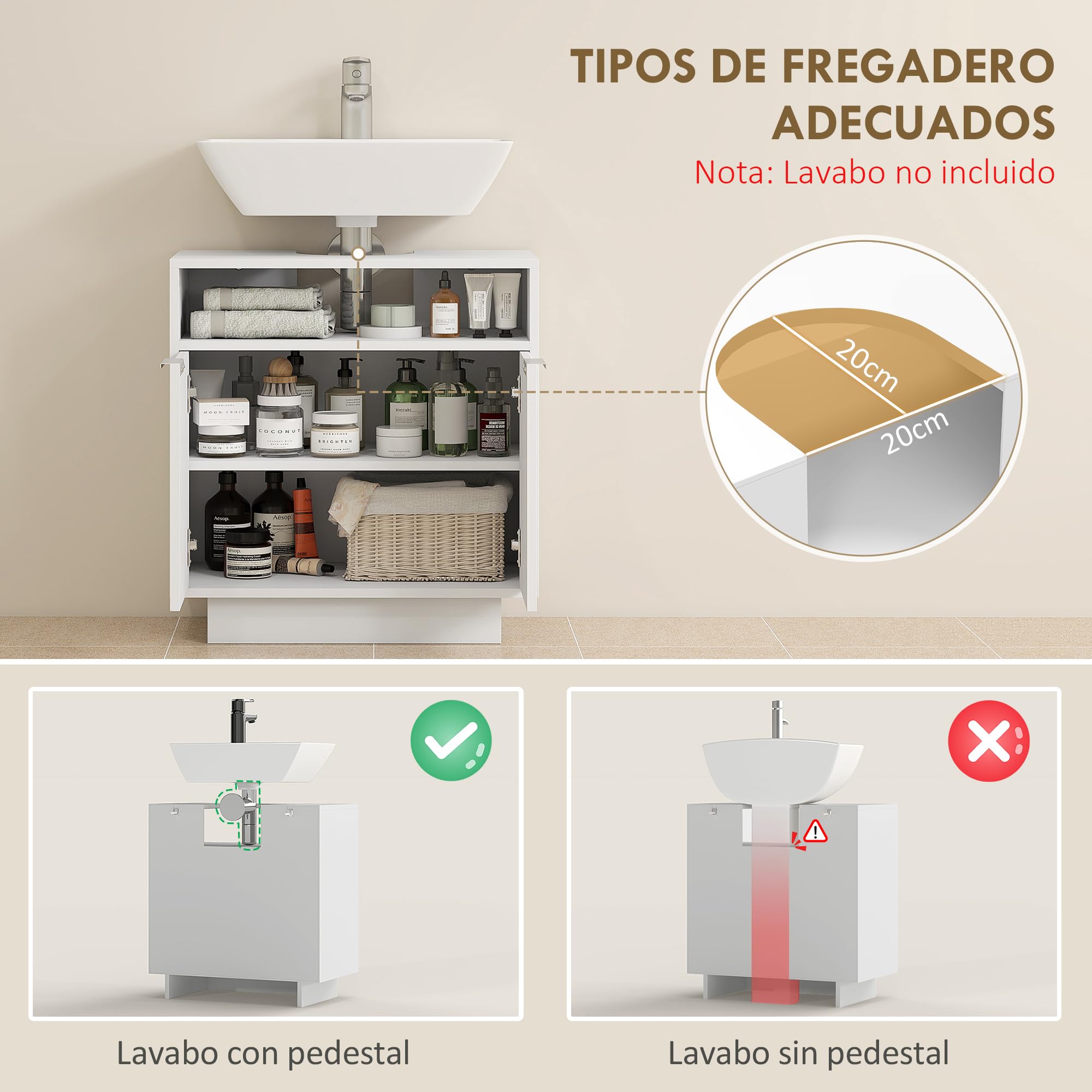 HOMCOM Mueble bajo Lavabo con 2 Puertas Acanaladas 60x33x63 cm Blanco | Mueble de Baño, Compartimento Abierto, Armario de Baño para Lavabo sin Pedestal, Estilo Moderno