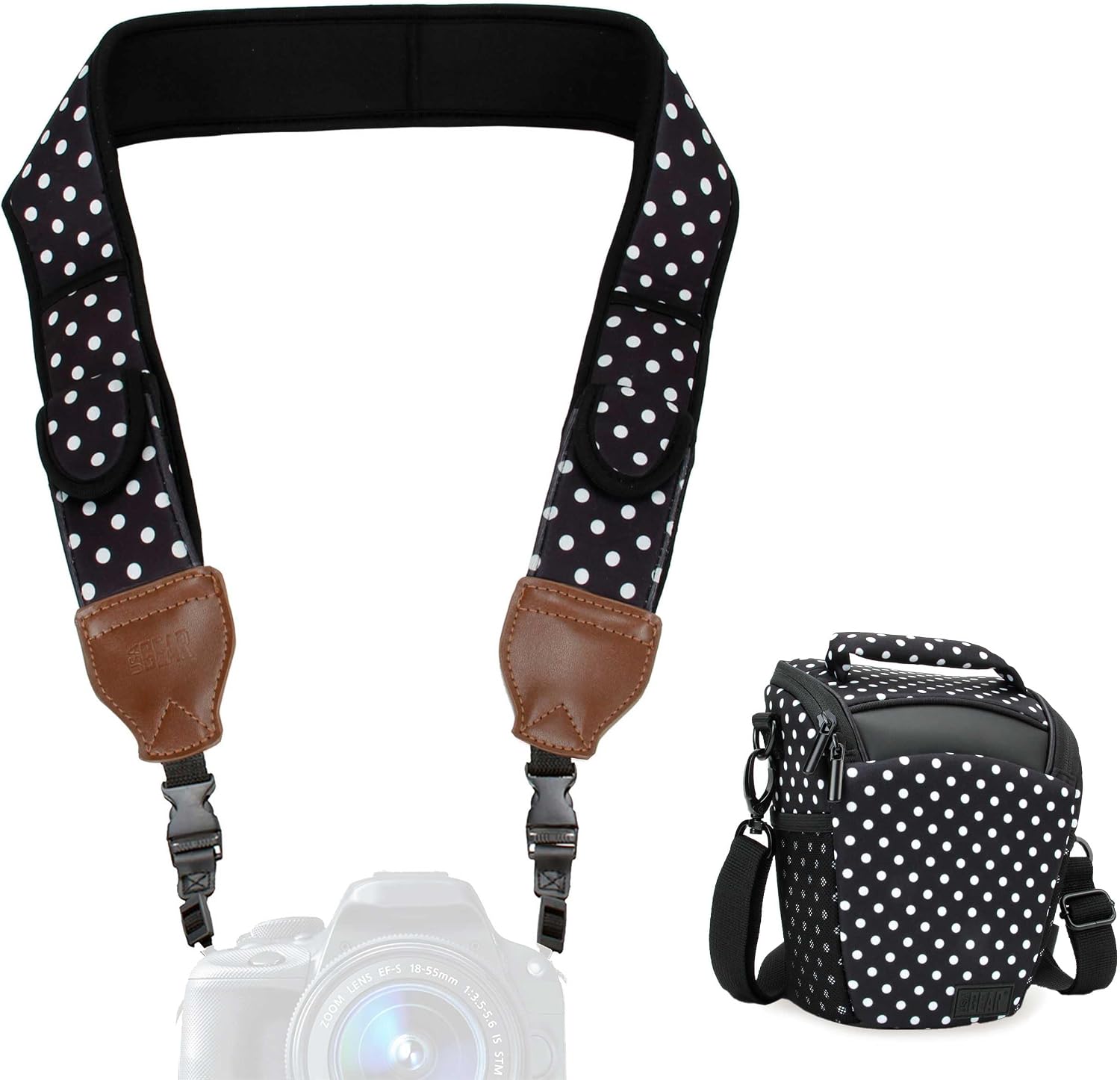 USA Gear Camera Neck Strap (Polka Dot) + Top Loading Camera Case (Polka Dot) - Bundle