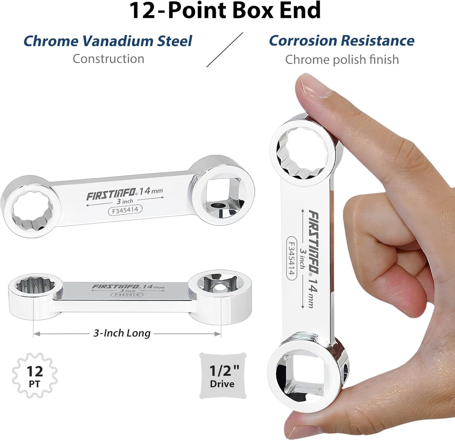 FIRSTINFO F3454 1/2-inch Drive Torque Adapter Set,12-Point Box End,14 to 27 mm, Metric, 10-Piece with Taiwan Premium Chrome Vanadium Steel Construction, Mechanic's Tray in Blow Case