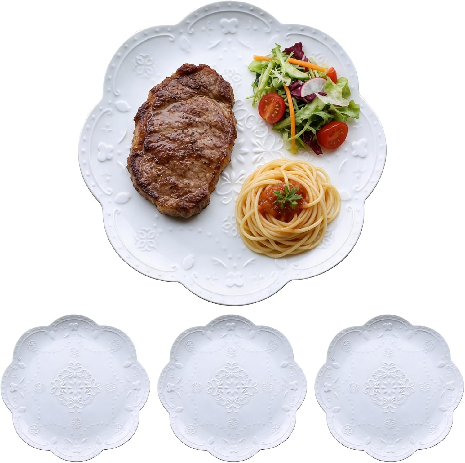4 Pcs Ceramic Embossed Butterfly Dinner Plates, 6.1 in White Porcelain Dessert Dishes with Lace Edge, European Royal Style Small Side Plates for Appetizers, Snacks, Salads