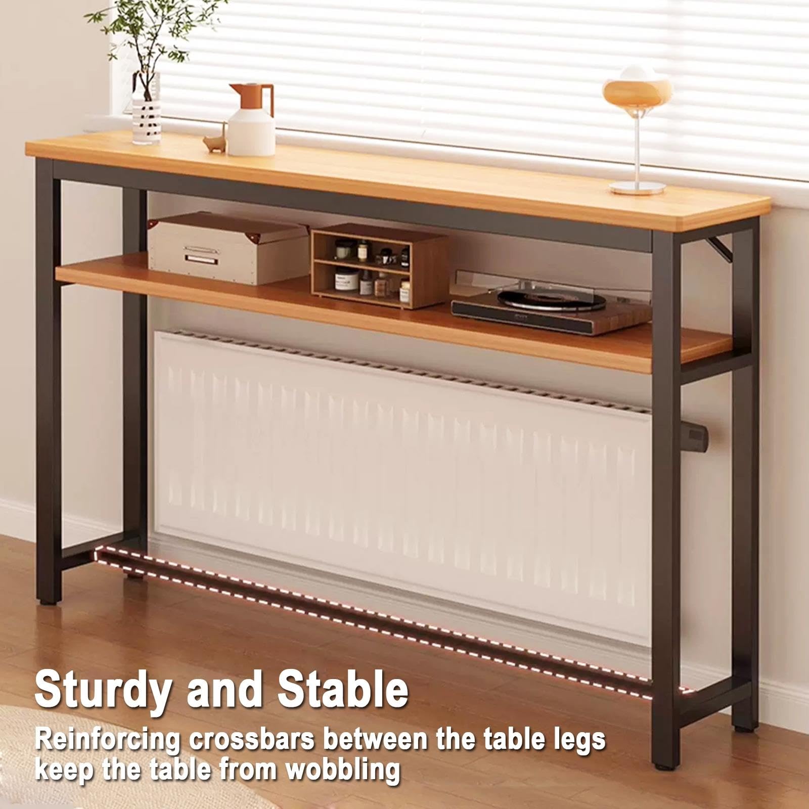 Tablette de Radiateur, 2 Niveaux Cache Chauffage, Plateau Bois, 20cm Large
