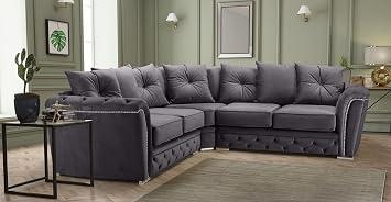 Luxury Chesterfield Dark Grey Plush Fabric 5 Seater Corner sofa Settee - Cheap Large 2C2 Suites & Couches for Living Rooms-101 Dark Grey Plush