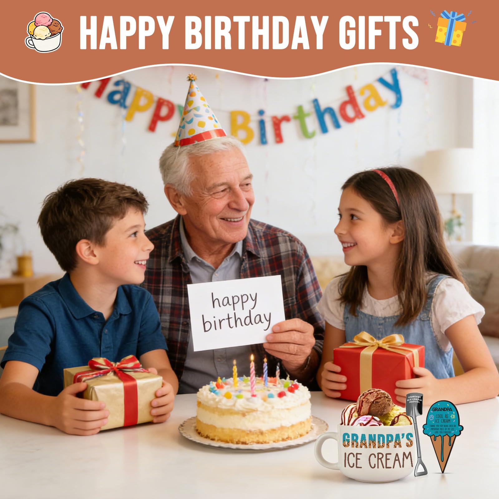 Grandpa Gifts for Fathers Day - Ideal Father's Day Birthday Gifts for Grandpa Grandfather from Granddaughter Grandkids, Grandpa's Ice Cream Bowl with Shovel Set Present Father's Day Xmas