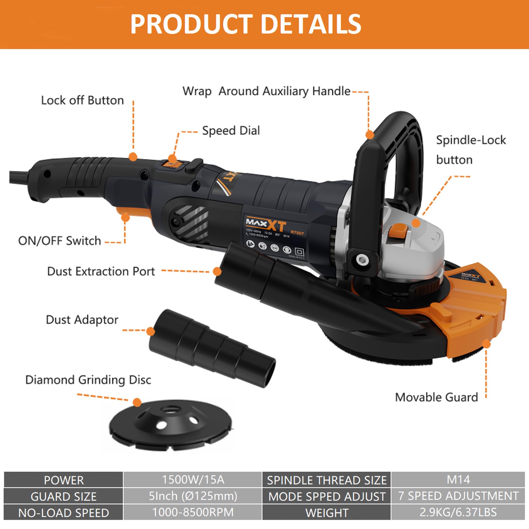Levigatrice per Cemento 1500W, MAXXT Smerigliatrice per calcestruzzo 1000-8500RPM 7 Velocità Regolabili, Levigatrice per Calcestruzzo con Protezione Rimovibile（Include due dischi abrasivi al diamante）