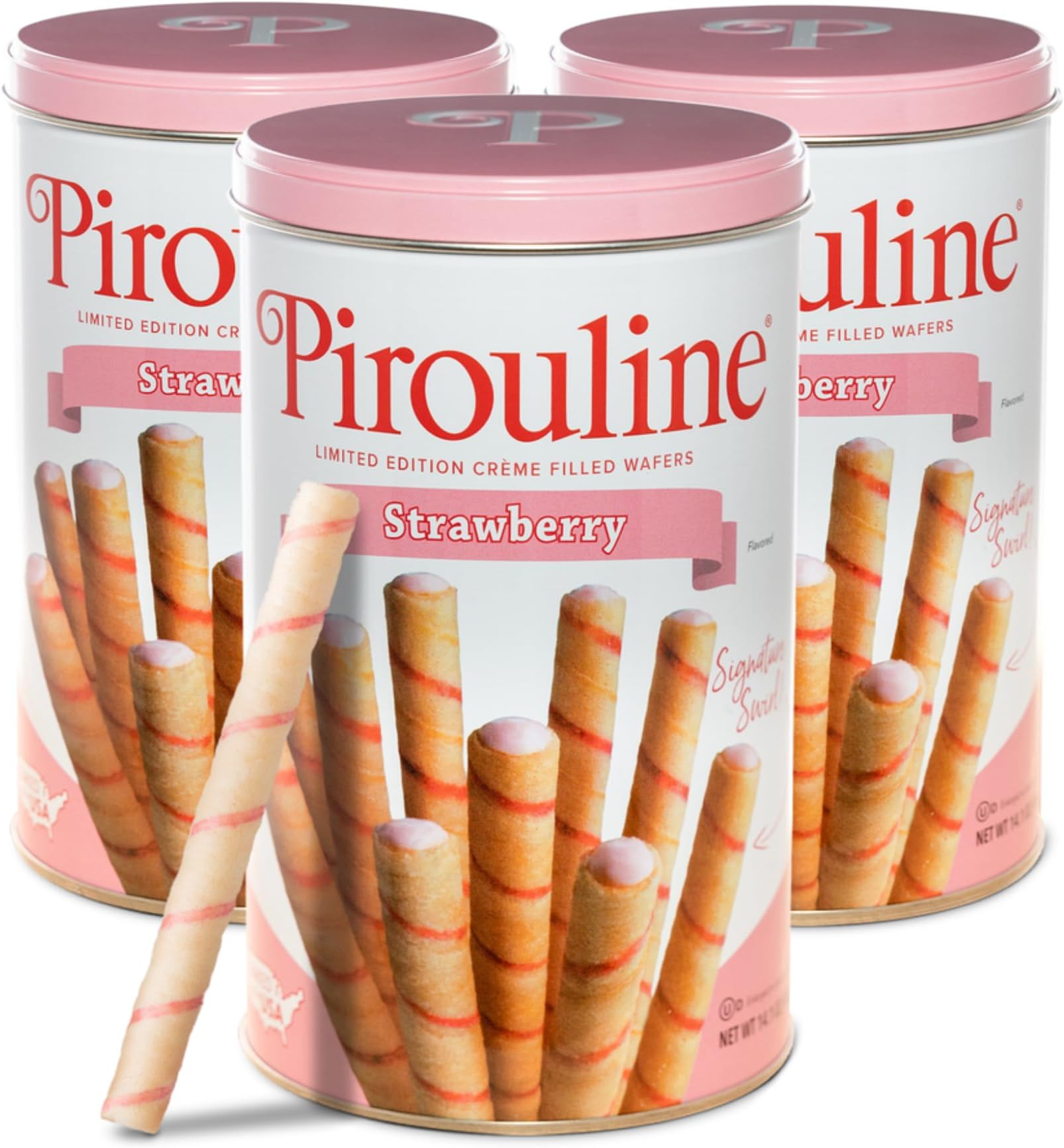 Rolled Wafers – Strawberry – Rolled Wafer Sticks, Crème Filled Wafers, Rolled Cookies for Coffee, Tea, Ice Cream, Snacks, Parties, Gifts, and More – 14.1oz Tin 3 Pack
