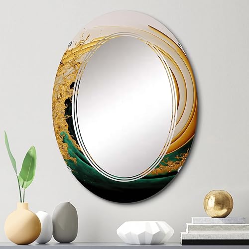 Miniatura 2 de Espejo de pared moderno, Espejo moderno ovalado, espejo de baño verde redondo, espirales abstractas espejo de tocador de acuarela de oro líquido