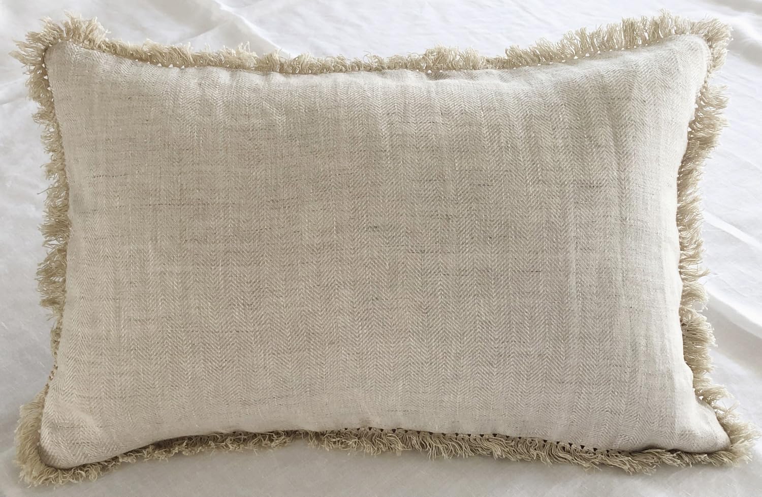 meadow park Stone Washed French Linen Pillow Cover, 12 inches x 21 inches, Tassel Pillow Cover 1pc,Super Soft, Natural Herringbone.