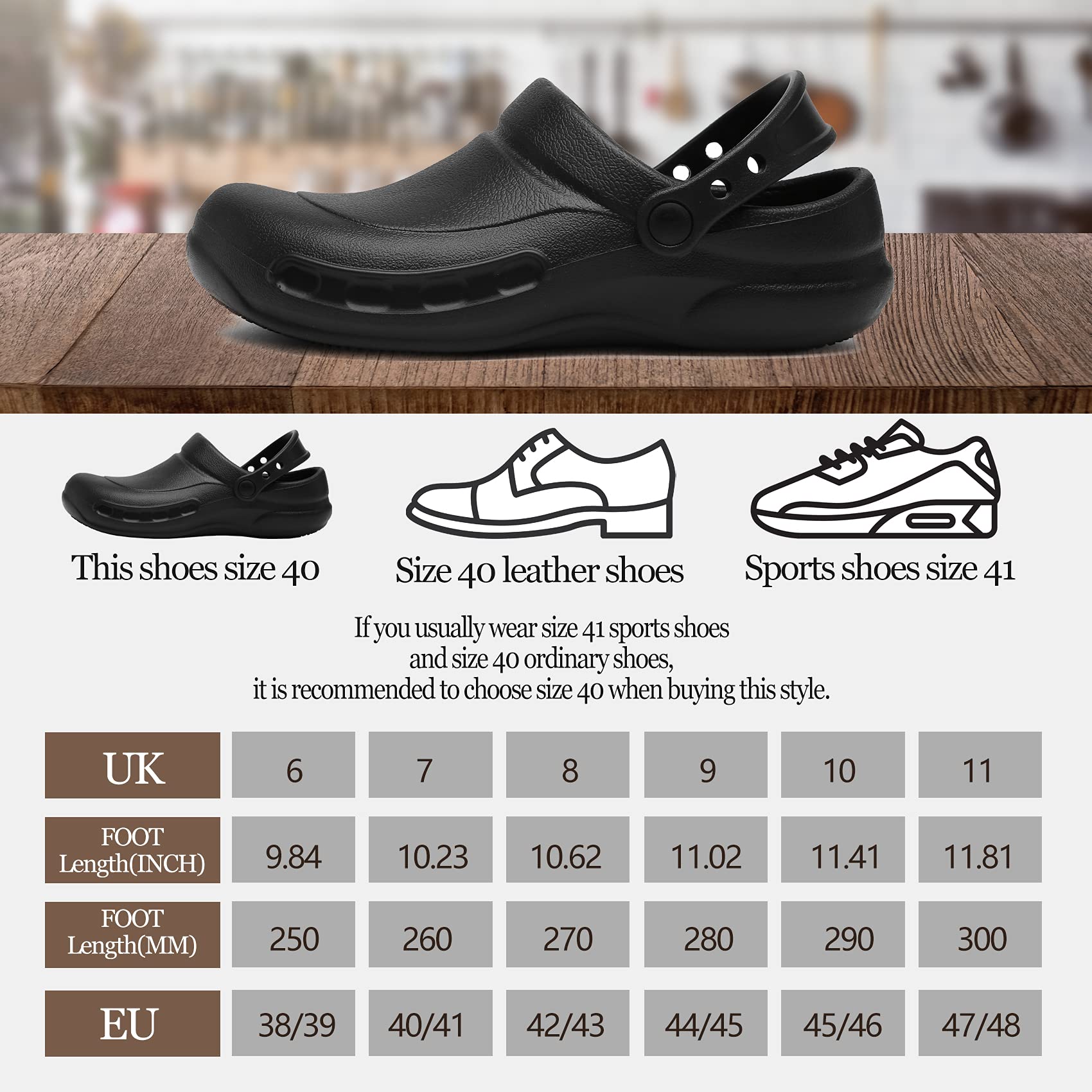 JSWEI Comodi zoccoli da chef antiscivolo scarpe da lavoro da cucina infermiera ospedale giardino lavoro scarpe unisex nero UK6-11…