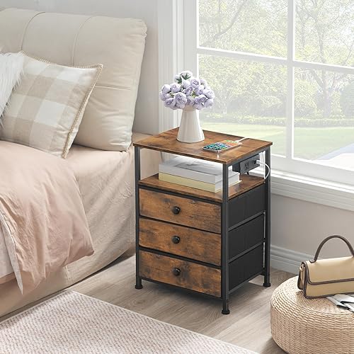 Miniatura 7 de Mesita de noche con estación de carga, mesa auxiliar con 3 cajones de tela, mesita de noche con puertos USB y tomacorrientes, mesita de noche para