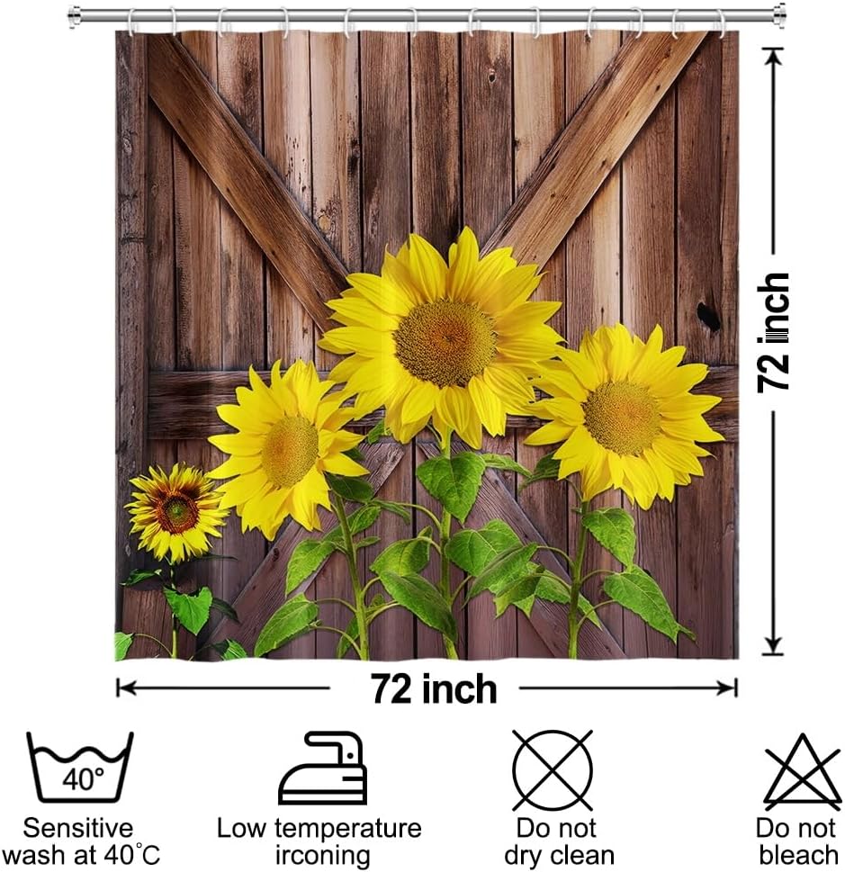 Wood Barn Door Shower Curtain for Bathroom with Hooks Harvest Yellow Sunflowers Green Leaves RV Stall Farmhouse Bathtub Home Decor Plants Fabric Waterproof Shower Curtains 72x72inches