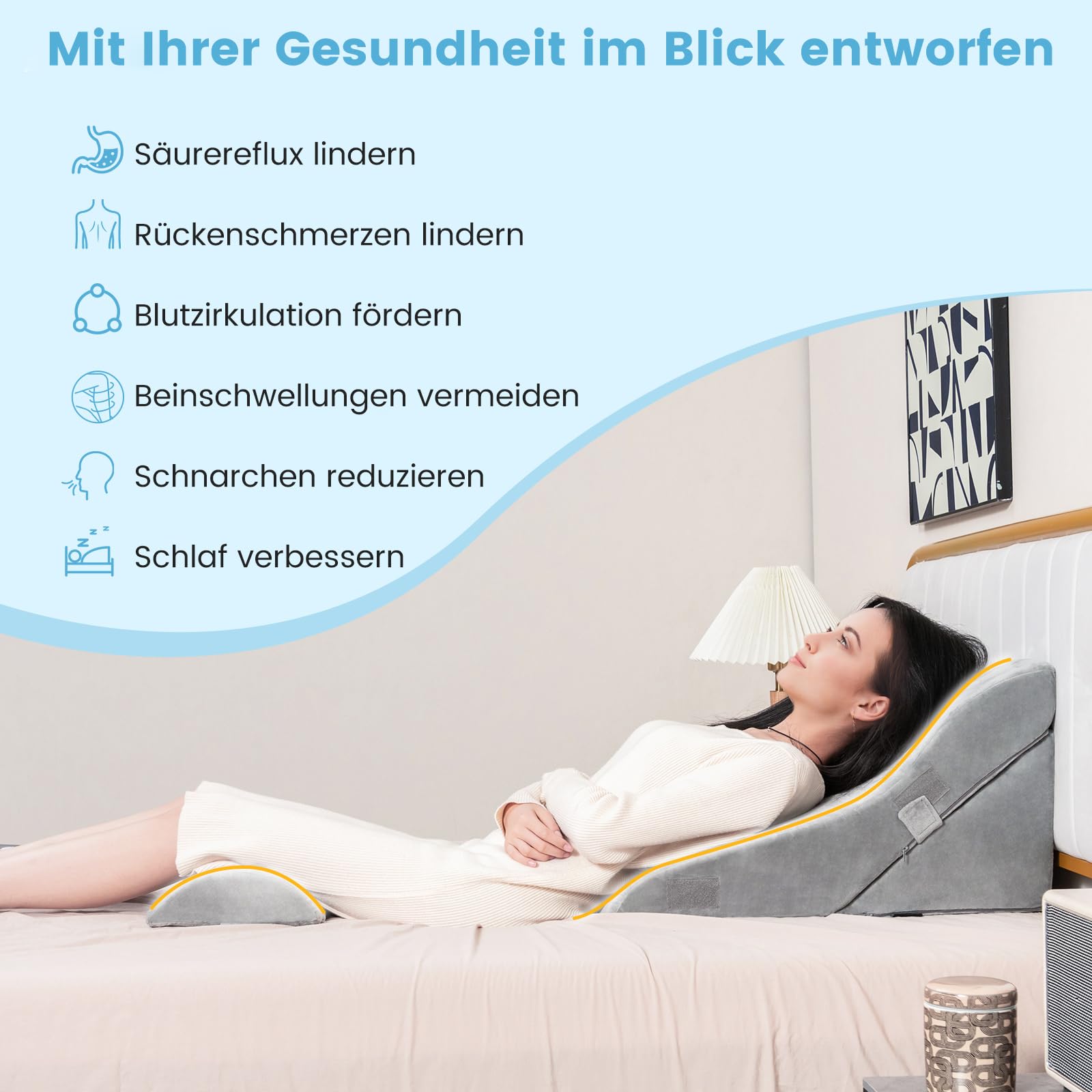 COSTWAY Lesekissen für Bett und Sofa, Venenkissen zum Beine hochlagern, 3-teiliges orthopädisches Keilkissen-Set nach Operationen gegen Schnarchen, Sodbrennen & Rückenschmerzen (Grau)