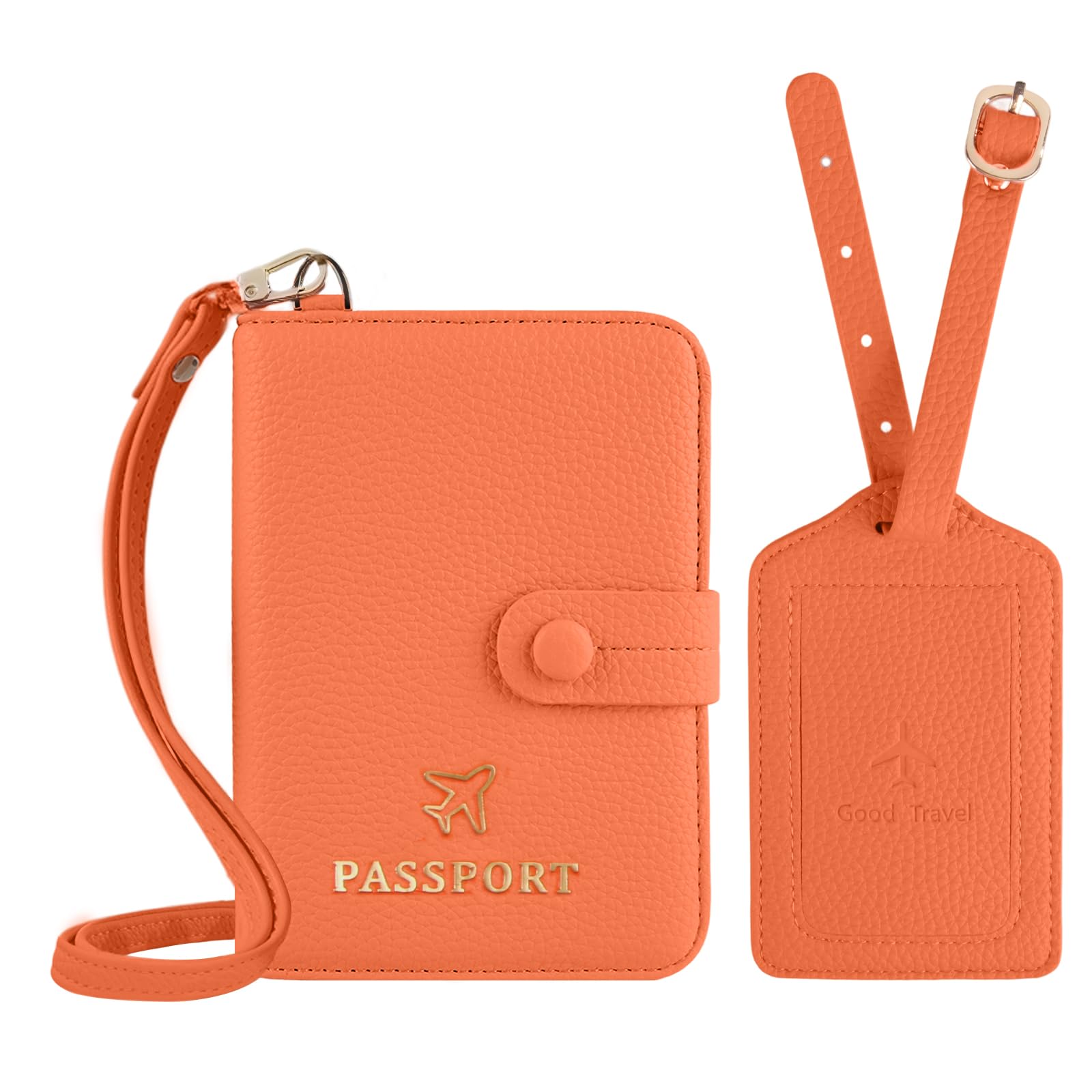 Passport Holder RFID Protected Wallet and Luggage Tag with Protection Cover Travel Accessories Leather Card Case Organizer for Women Men, Orange, Travel-image-7