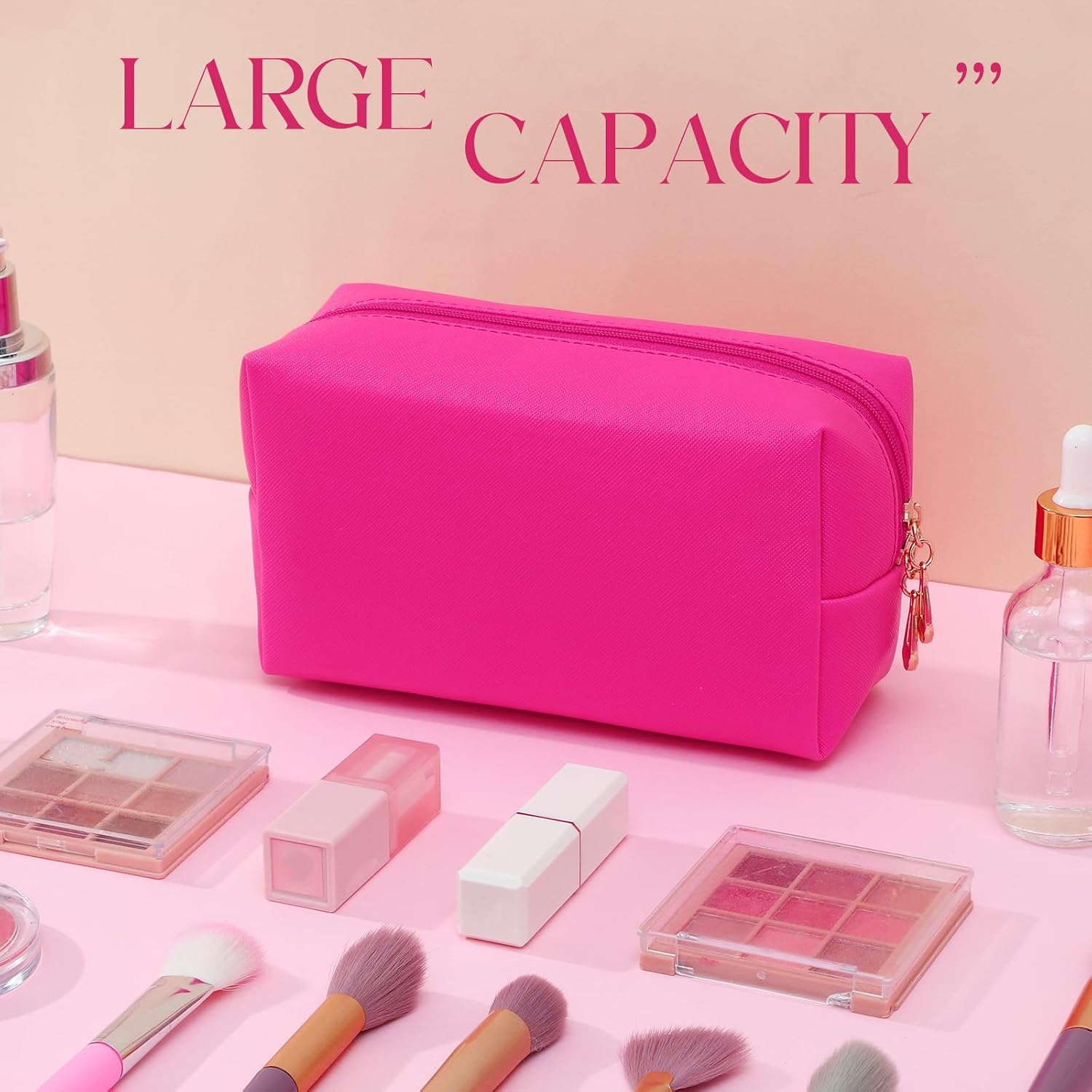 Kigeli Aesthetic Makeup Bags PU Leather Cosmetic Pouches Waterproof Plain Toiletry Bags Makeup Pouches Bulk for Women Party Gift Travel Storage Organizer(Rose Red,7.1 x 2.8 x 4.3 in)