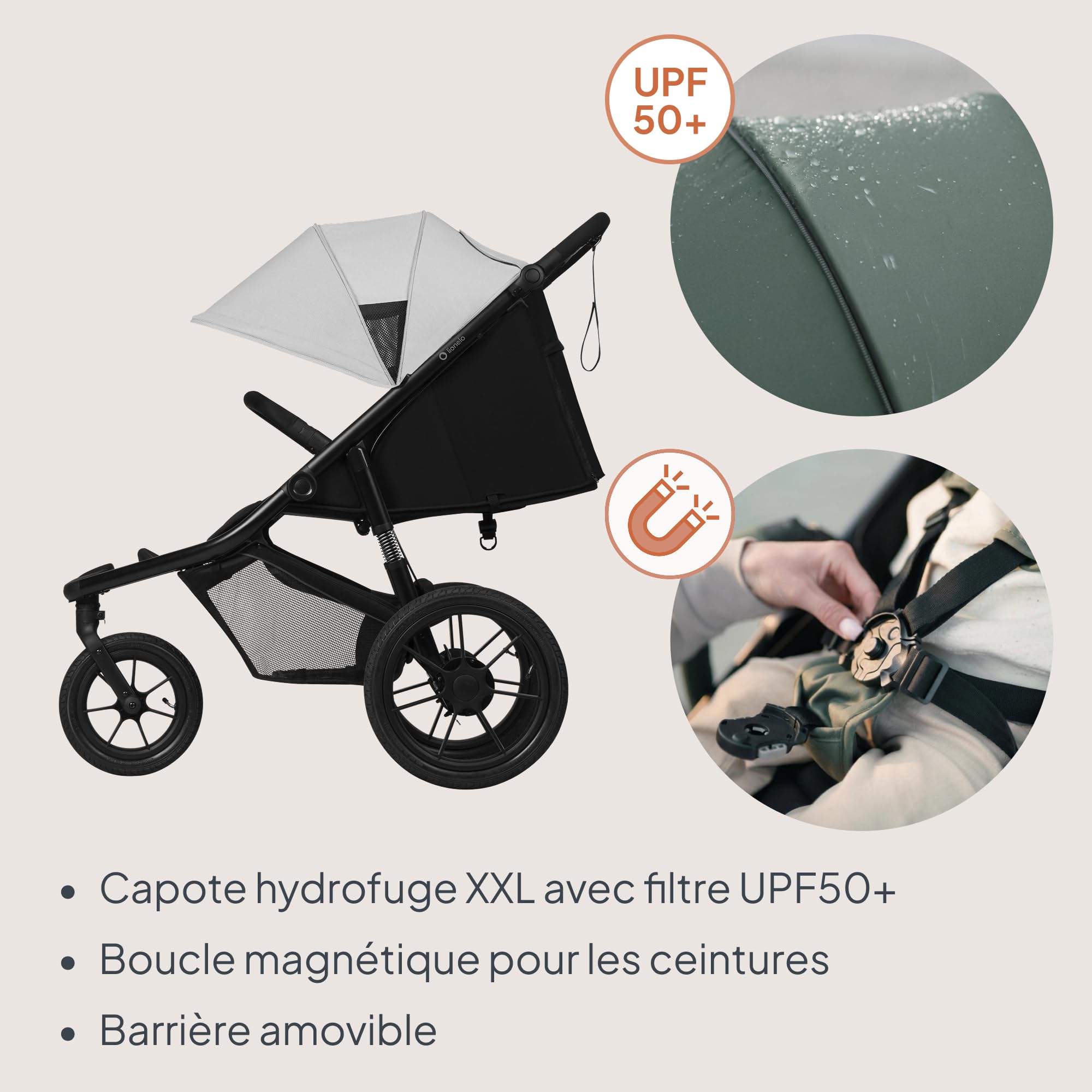 LIONELO AZURA Poussette Bébé de jogging de 6 mois à 22 kg Poussette 3 Roues de jogging Dossier Réglable pour Position Allongée Grandes Roues Gonflables Amortissement Complet Auvent XXL (Grey)