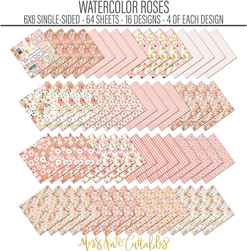 6x6 Pattern Paper Pack - Watercolor Roses - with Florals -Scrapbook Single-Sided-64 Sheets- 50% Smaller Patterns - by Miss Kate Cuttables