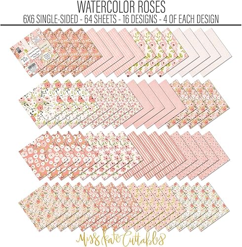Miniatura 2 de Paquete de papel con patrón de 6 x 6 pulgadas, rosas de acuarela, con flores, libro de crapbook de una sola cara, 64 hojas, patrones 50% más