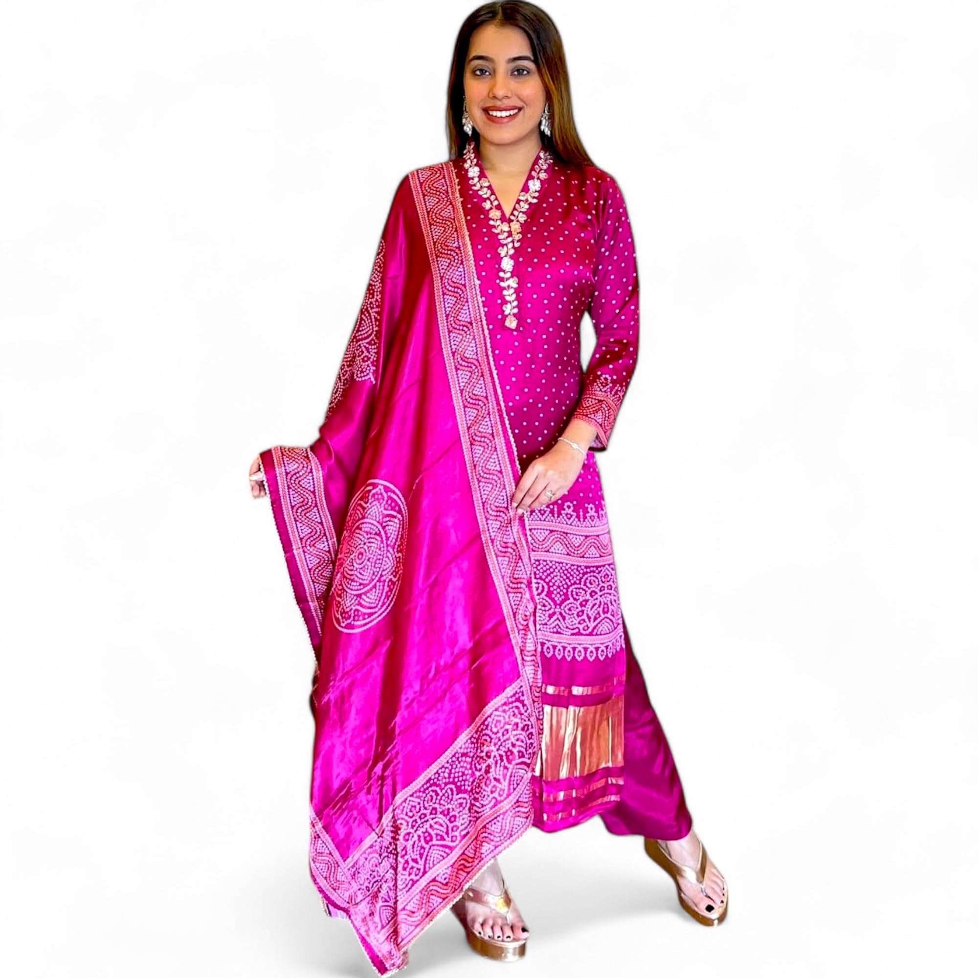 RangMahal Indyjskie damskie spodnie Chinon z jedwabnej tkaniny Kurta i Dupatta Set Heavy Work