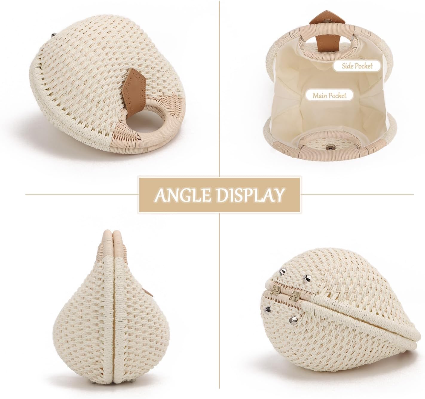 Ynport Straw Purses for Women Summer Beach Rattan Tote Bag Round Handle Ring Handbag Retro Handmade Woven Shell Bag