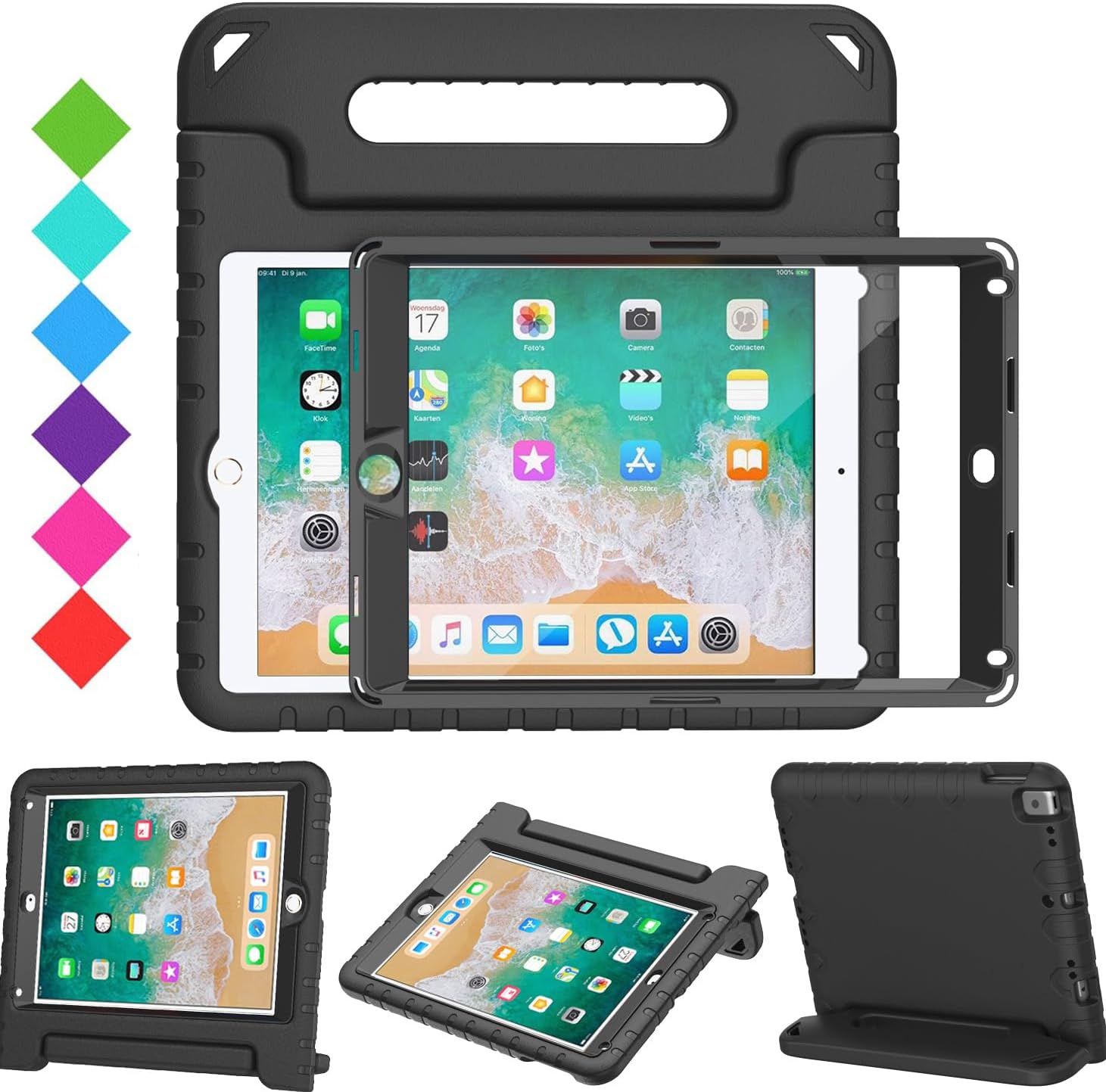 SuromKids Case with Screen Protector for iPad 9.7 Inch 2018/2017,iPad Air 2, Shockproof Convertible Handle Stand Kids Case for iPad 9.7 2017/2018 (iPad 5th and 6th Generation),iPad Air 2, Black