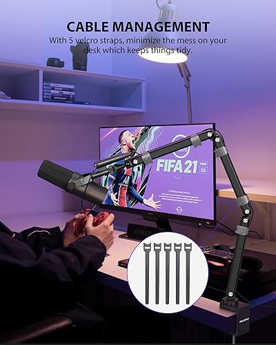 Miniatura 5 de KU XIU Soporte de micrófono de brazo de aleación de aluminio para escritorio, soporte de brazo de micrófono ajustable de tres secciones con canales