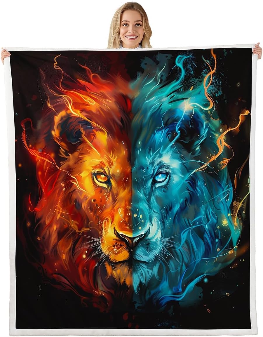 Feelyou Lion Fleece Throw Blanket Queen 90"x90" Kids Safari Print Plush Blanket for Bed Sofa Couch 3D Wild Animal Pattern Sherpa Blanket Orange Blue Fuzzy Blanket Room Decor