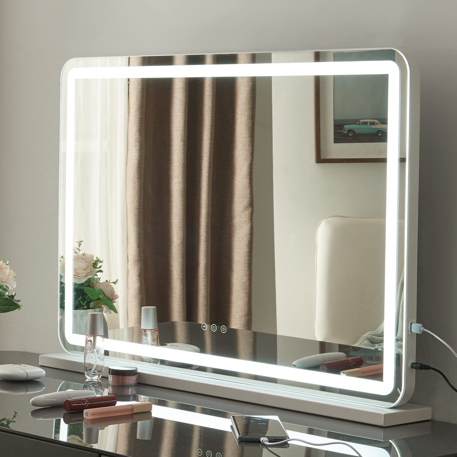 Espejo de Maquillaje con Iluminación LED, Espejo de Tocador Hollywood con Control Táctil y 3 Modos de Temperatura, Espejo de Mesa Grande con Luz LED y Aumento 10X -80x55cm