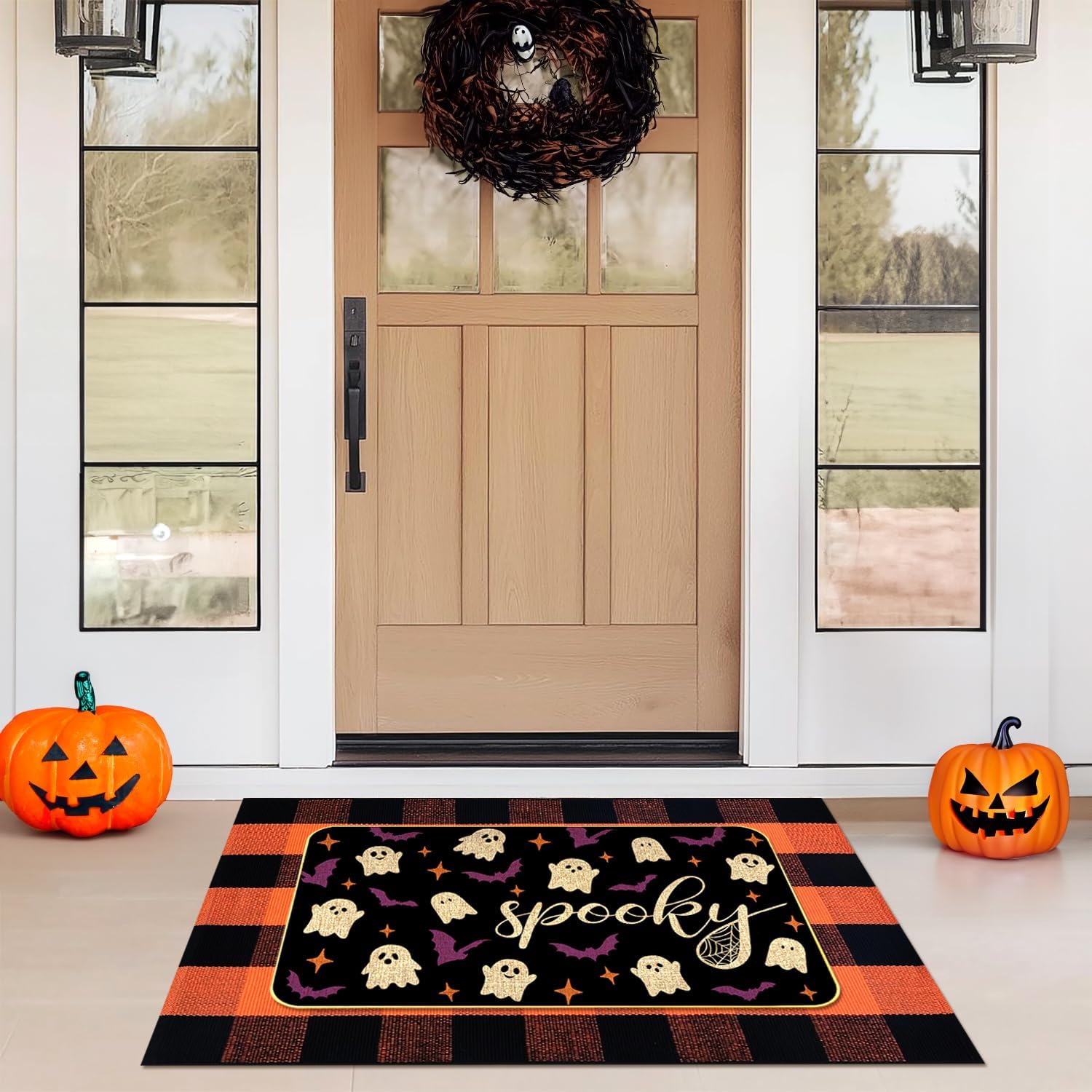 Halloween Outdoor Rug Set, Boo Door Mat 28 x 43 in, 2 Pcs Welcome Mat Set, Halloween Bats Rug, Black Doormat, Halloween Front Porch Doormats, Orange and Black Buffalo Plaid Mats for Outdoor Decor
