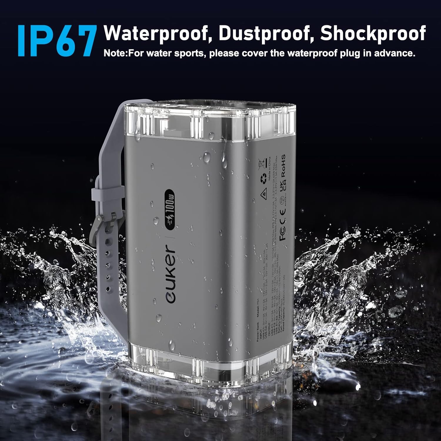 Euker Power Bank being splashed with water, demonstrating IP67 waterproof rating