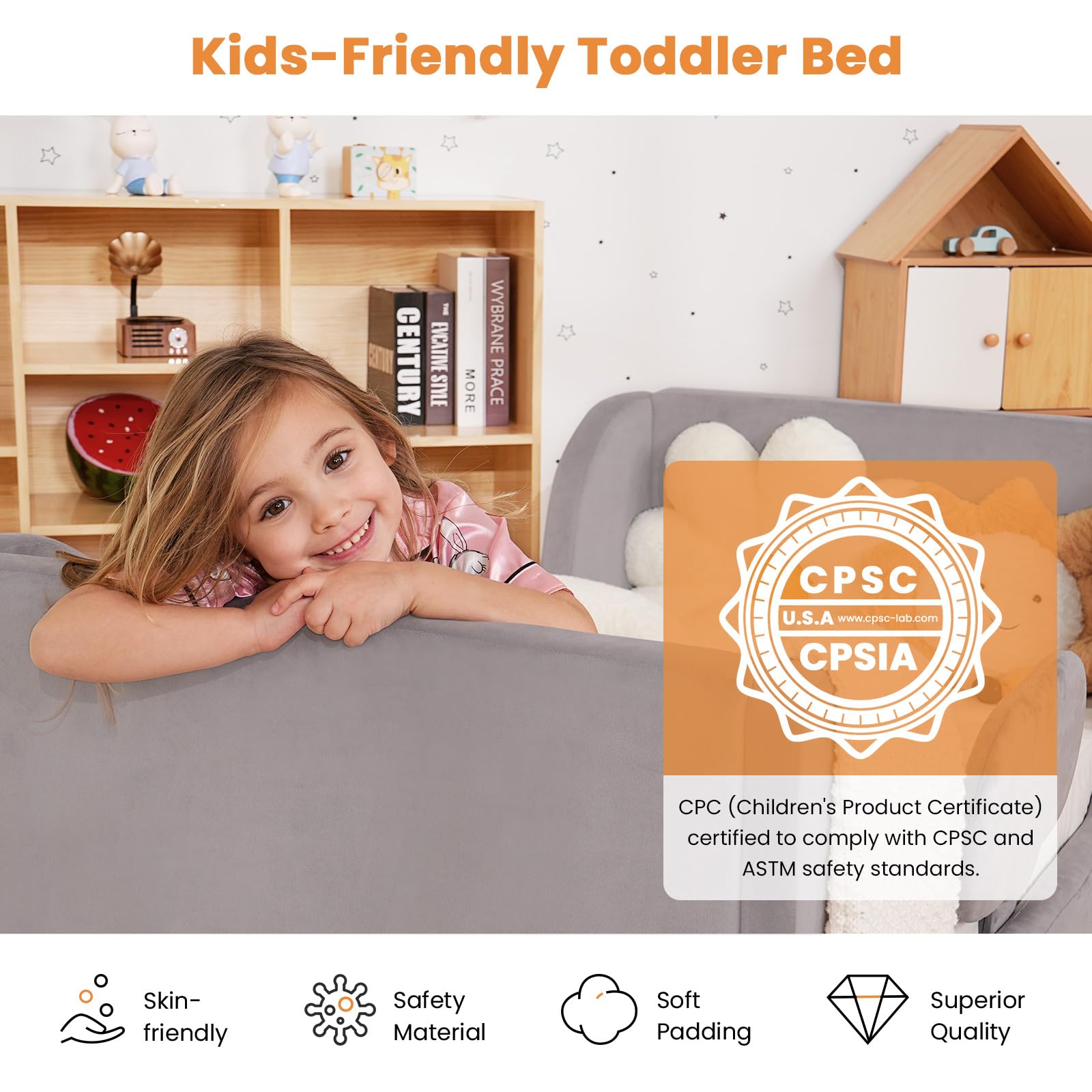 Lettino 70x140cm - Letto per bambini completamente rivestito in velluto, morbidissimo, letto a terra per ragazzi e ragazze (Grigio)