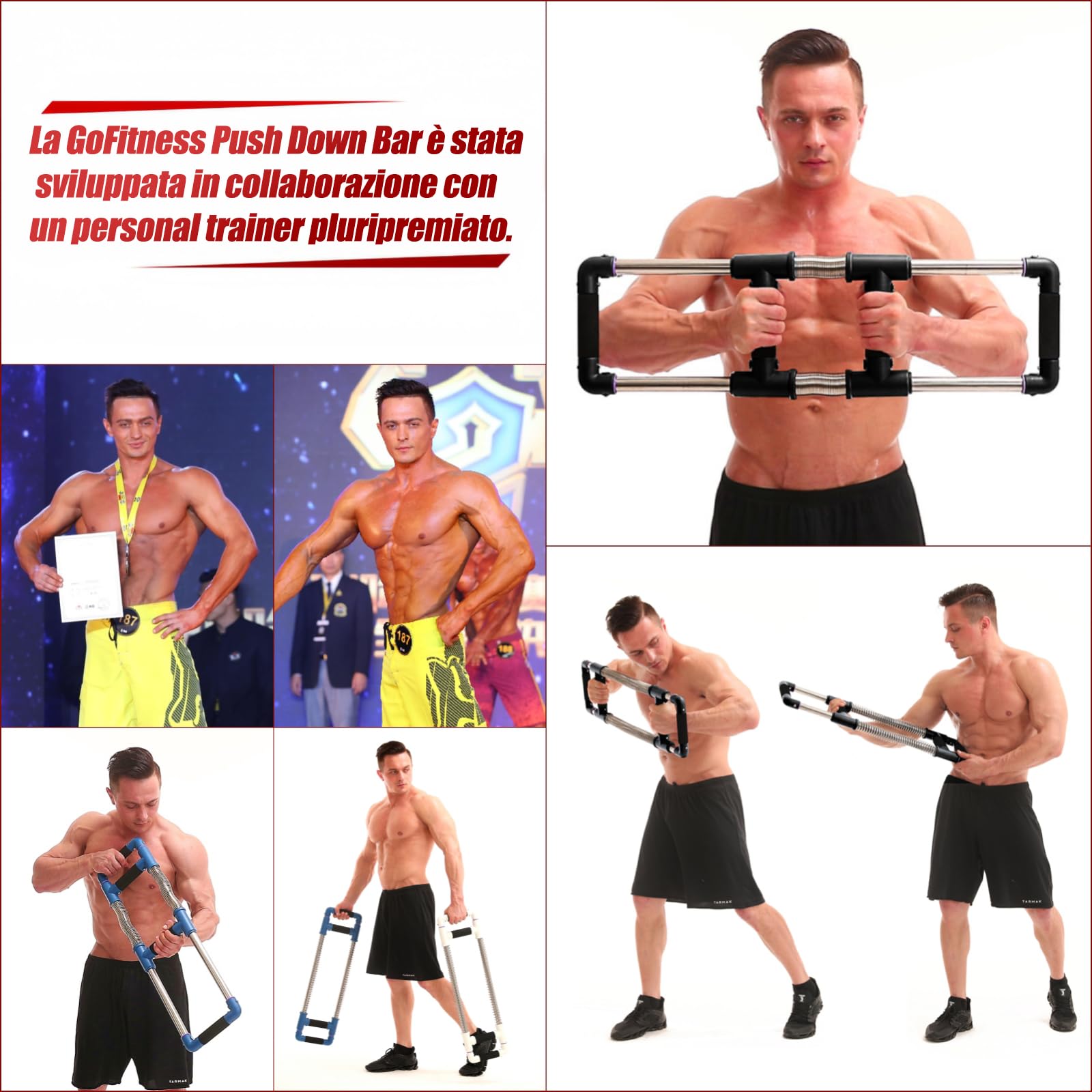 GoFitness Push Down Bar Attrezzo per Pettorali | Esercizi Petto, Braccia, Spalle, Addominali e Schiena - Allenatore per Pettorali Attrezzo per Allenamento della Forza a Casa