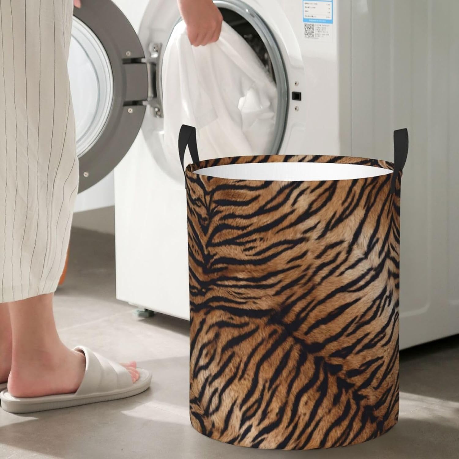 Tiger Print Laundry Hamper Bag With Waterproof Liner - Round Laundry Basket Foldable Clothes Storage Organizer For Bathroom Bedroom Nursery Dorm, M-19.6"X 15.7"