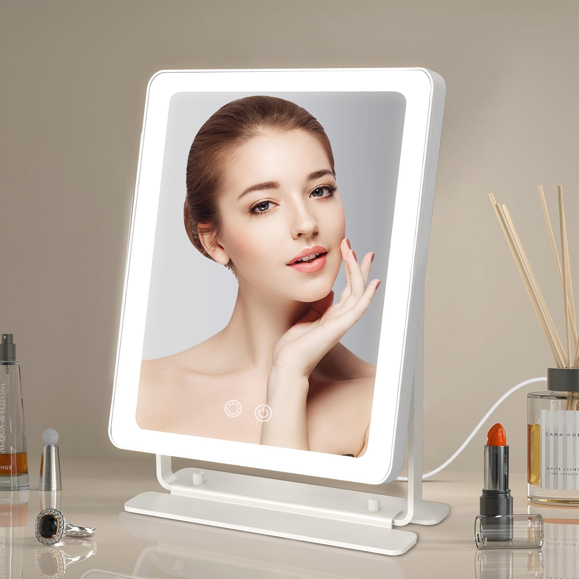 Schminkspiegel mit Beleuchtung 25x30cm, Schminkspiegel mit Licht LED Hollywood Spiegel, Kosmetikspiegel mit Beleuchtung, 3 Farbe, Touch Control