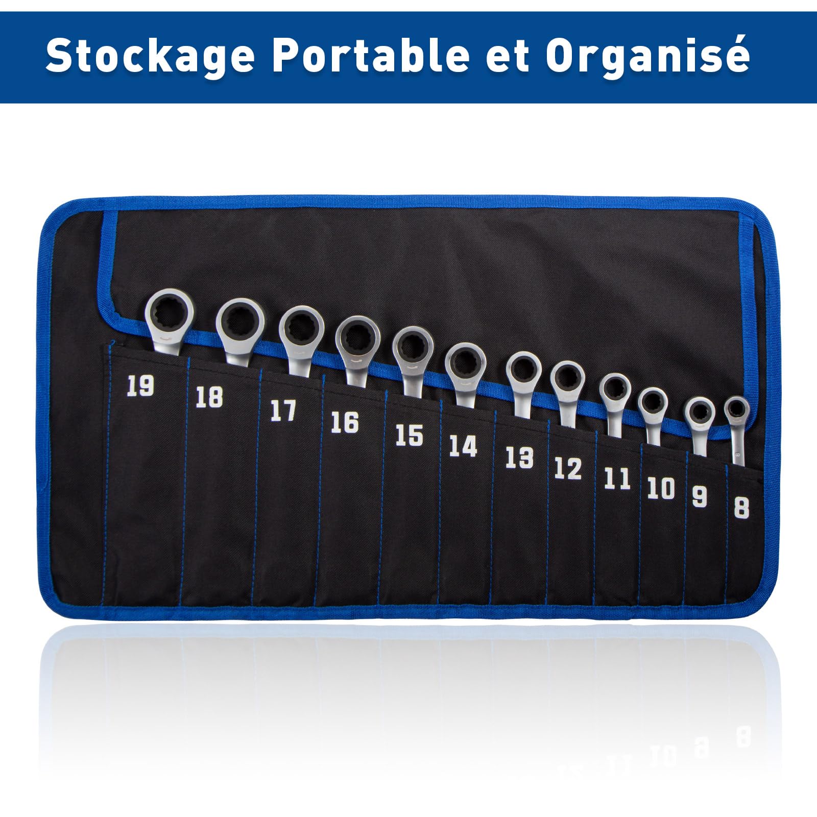 SORAKO Cle Plate a Cliquet, Clé Plate 8-19 mm Métrique, 72 Dents 5° Angle Reprise Clés Mixtes à Cliquet en Acier Chrome-vanadium avec Sac de Rangement, Cle Plate 12 Pièces pour Réparation Domestique