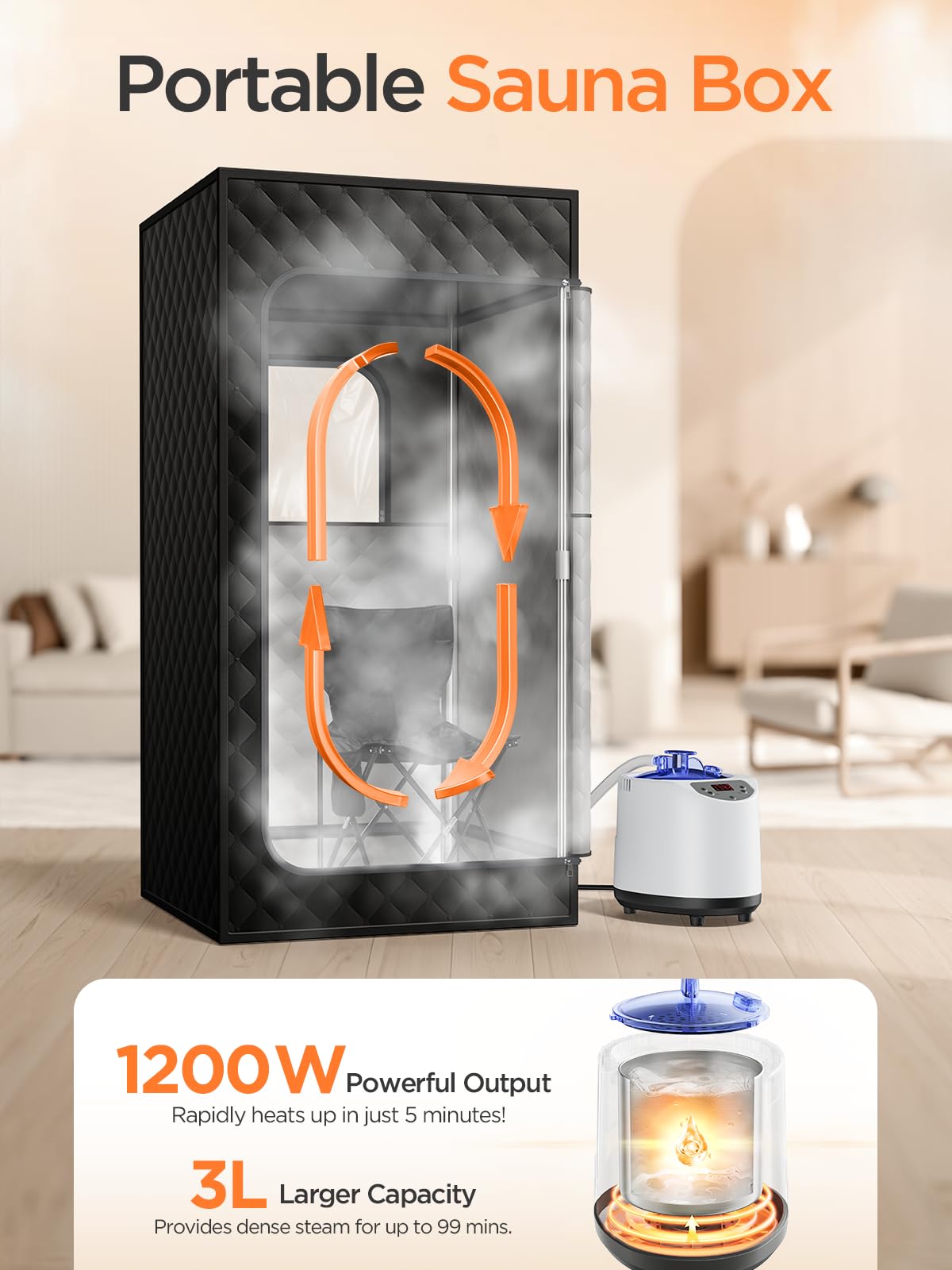Saunakiste, tragbare Sauna für Zuhause, persönliches Dampfsaunazelt mit 1200 W 3L Dampfgarer, 15 Stufen, Fernbedienung, Faltbarer Stuhl, gemütliche Größe 91,4 x 91,4 x 180,3 cm, Schwarz