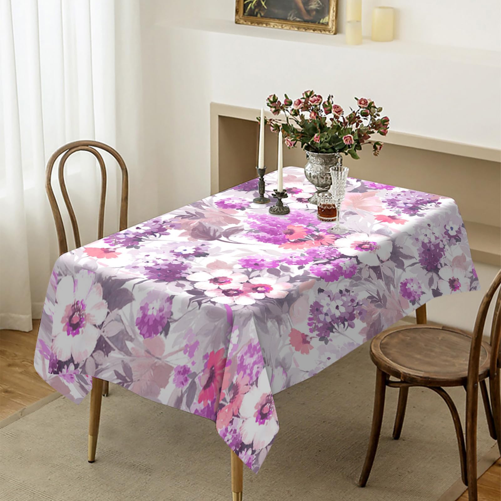 Nappe lavable motif floral violet rose rectangulaire tissu antitache réutilisable
