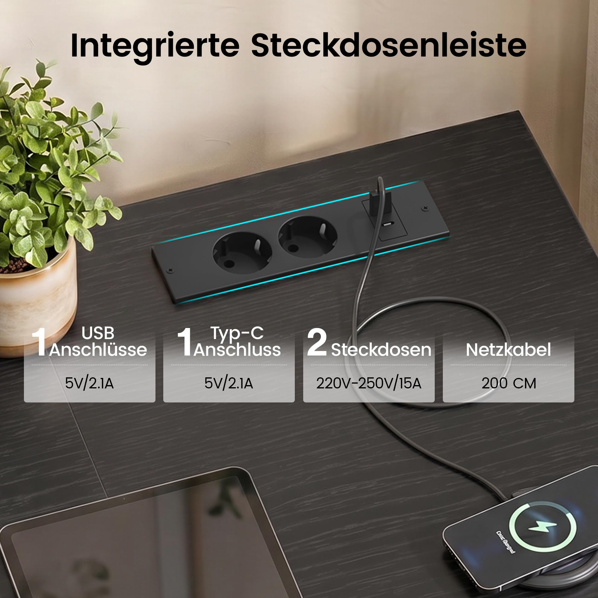 YOUDENOVA Schreibtisch mit 4 Schubladen, Computertisch 140cm mit Steckdosen und USB A/C, CPU-Ständer, Ablagefach, Stabiler Bürotisch PC Tisch Officetisch Für Büro Wohnzimmer Home Gaming Schwarz