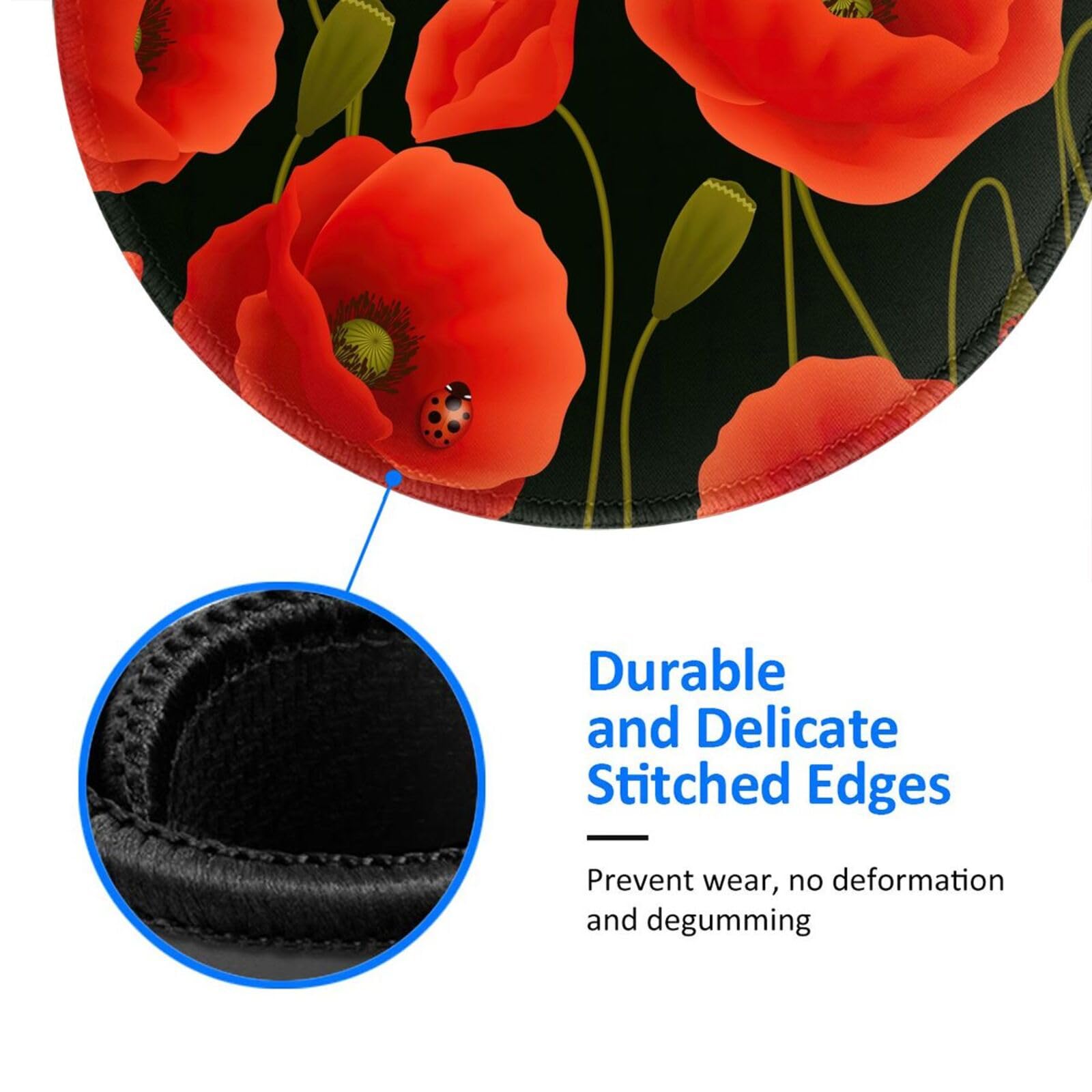 Tapis De Souris Rond Motif Coquelicot 20,3 Cm - Pour Bureau & Gaming | Antidérapant épais Confortable