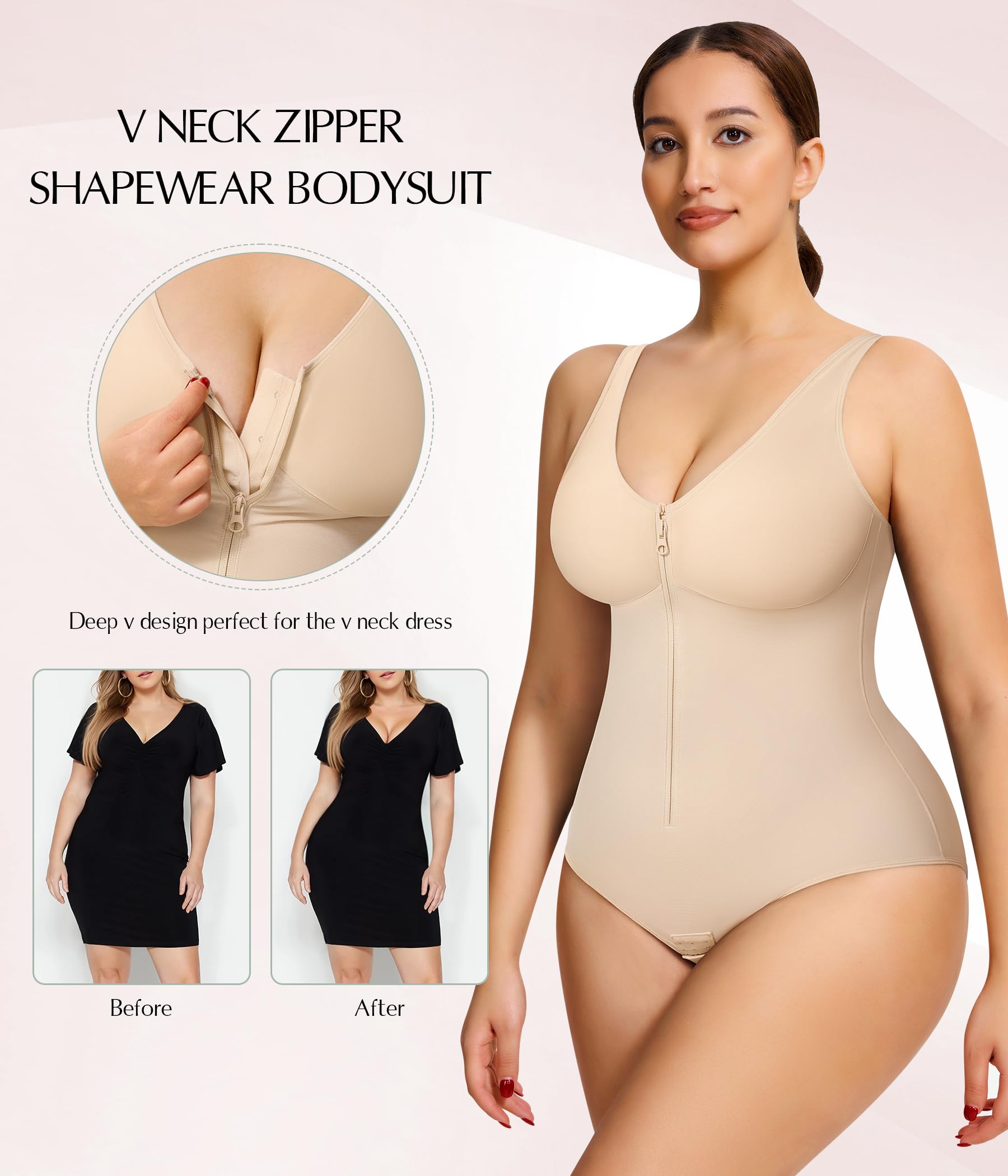 MERYOSZ Body moldeador para mujer, con control de abdomen, cuello en V, cremallera y cintura