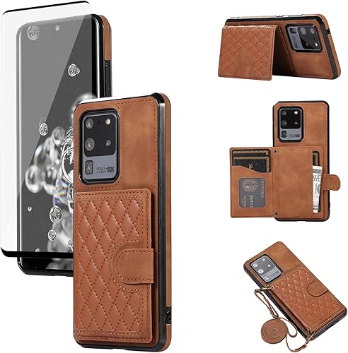 Asuwish Funda para teléfono Samsung Galaxy S20 Ultra 5G, funda tipo cartera con protector de pantalla de vidrio templado y correa cruzada, soporte
