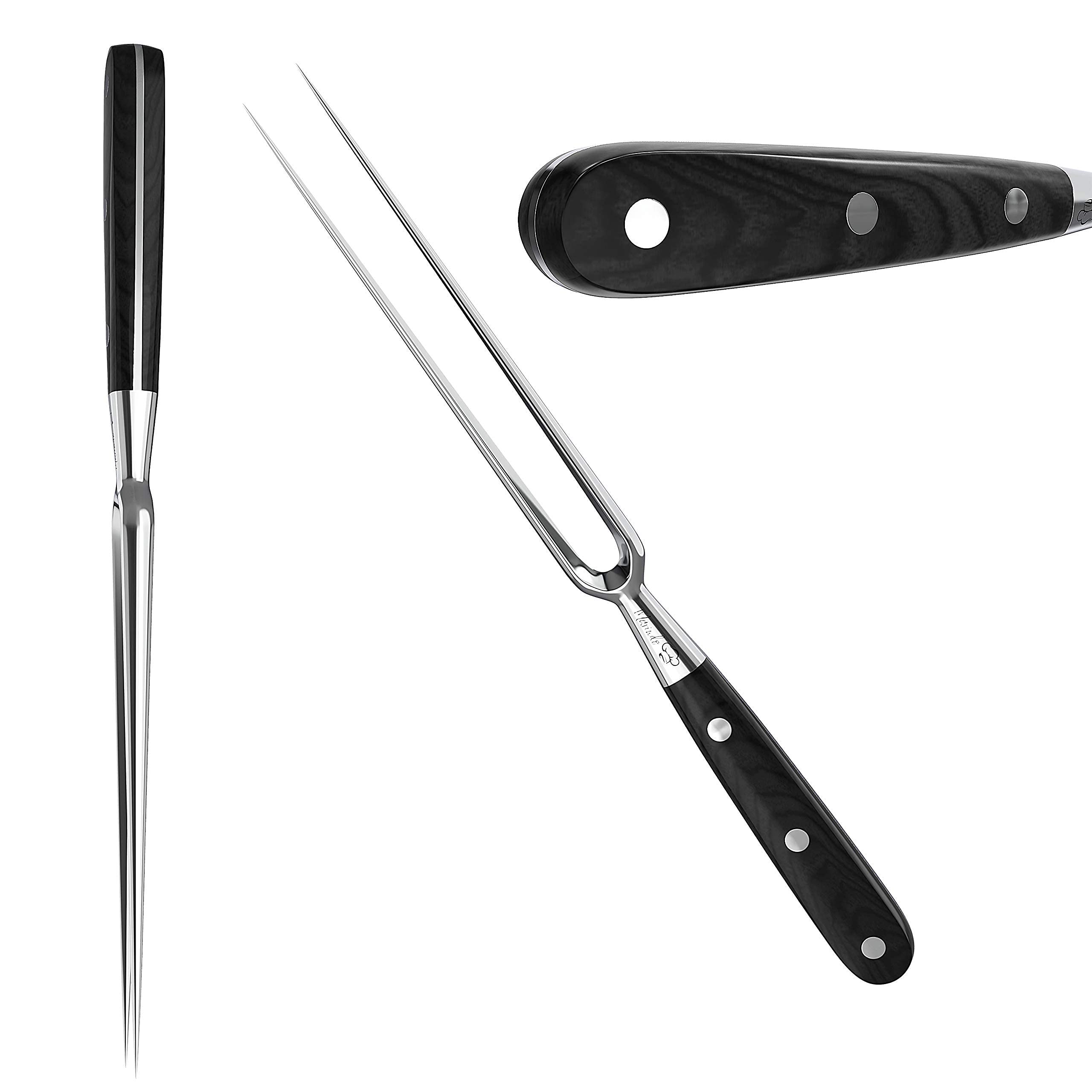Marindo Forchetta professionale per carne in acciaio inox, 31,5 cm, con manico in legno e lunghezza lama 17 cm, forchetta per arrosti, forchetta da trinciatura in acciaio inox grande