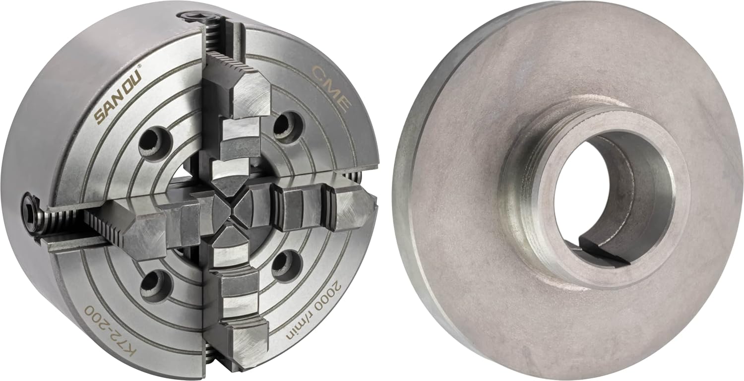 CME 8 4-Jaw Independent Lathe Chuck with L00 Long Taper Semi-Finished Backing Plate, Machine to Fit Chuck, Reversible Jaws