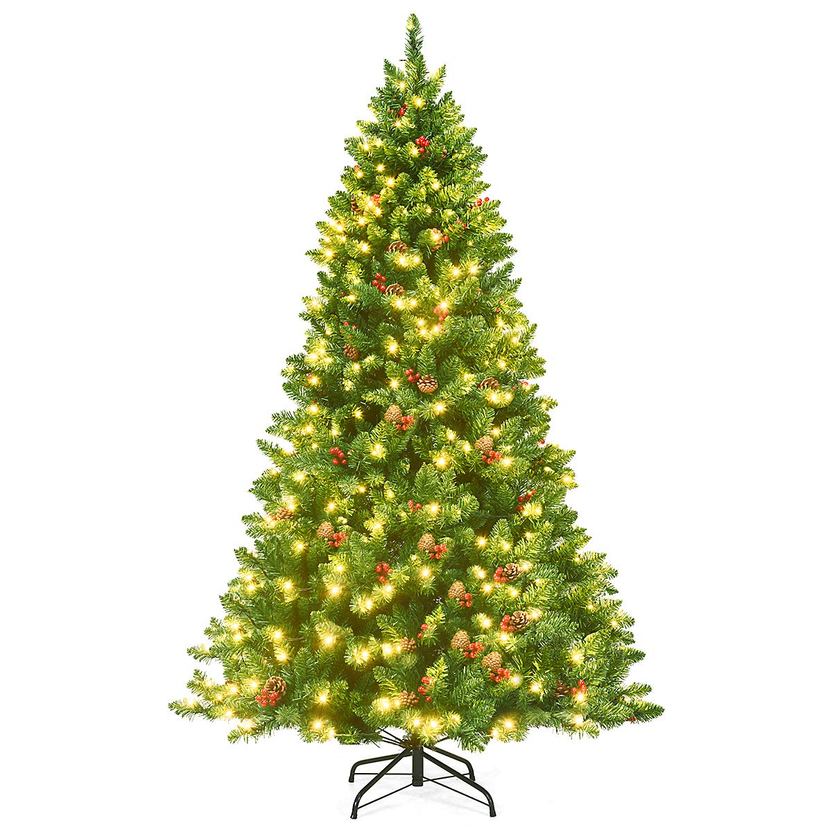 Goplus 6.5FT Pre-Lit Christmas Tree, Hinged Artificial Christmas Tree with 1100 Branch Tips, Sturdy Metal Stand and Pine Cones and Red Berries
