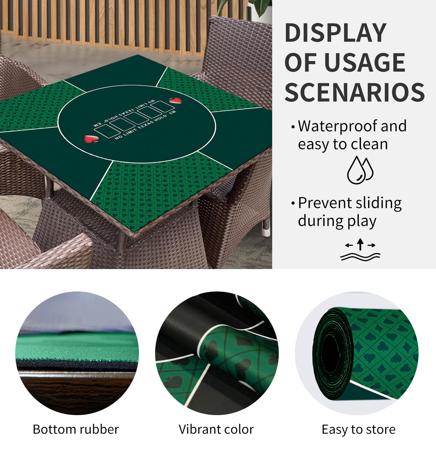 Tapis de poker carré en caoutchouc pour tables de poker 80/100/120/140/160 cm - Vert - 80 x 80 cm