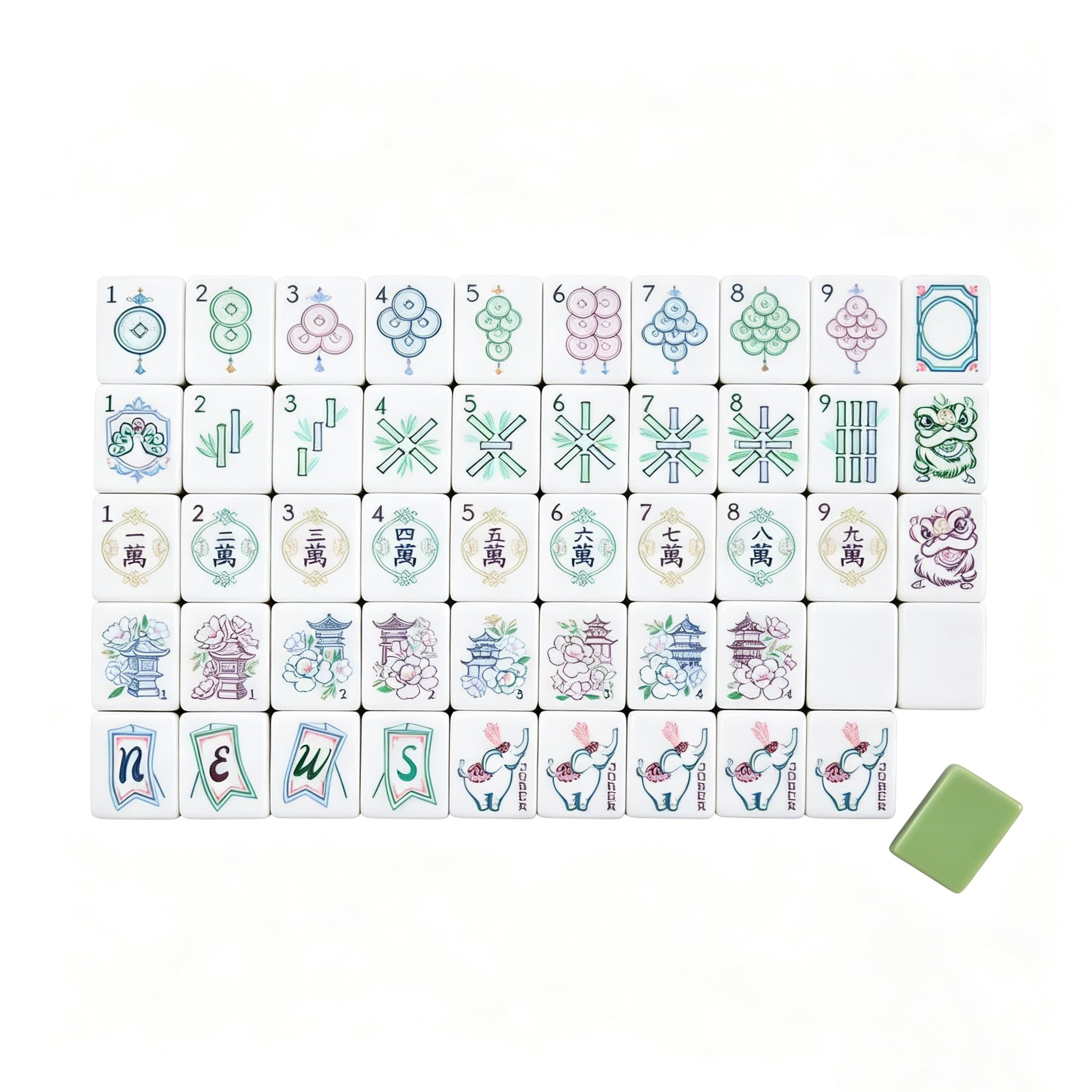 4 Layer Mahjong Tiles Set, 160 Layered Engraved Tiles American Mahjong Tile Game, Yellow Portable Travel Set for Adults, Family Game Nights and Social Play (green elephant) โ image 1