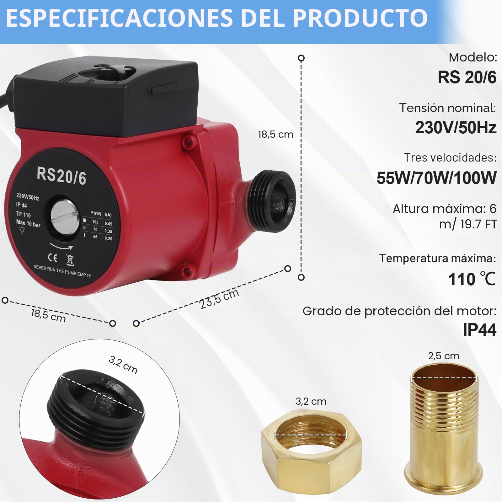 Bomba de Calefacción RS20-60/130mm para Calefacción Central y Calentadores de Agua Solar, Bomba de Circulación, Altura Máxima 6m, Funcionamiento Silencioso