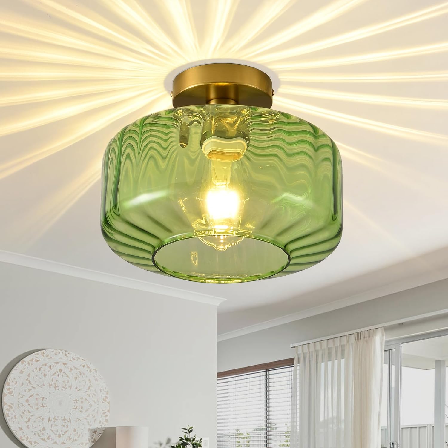 Green Glass Semi Flush Mount Ceiling Light, Luxury Close to Ceiling Light Fixtures with Glass Shade, 11" Round Light Fixtures Ceiling Mount for Bathroom Dining Room Bedroom Living Room Hallway, E26