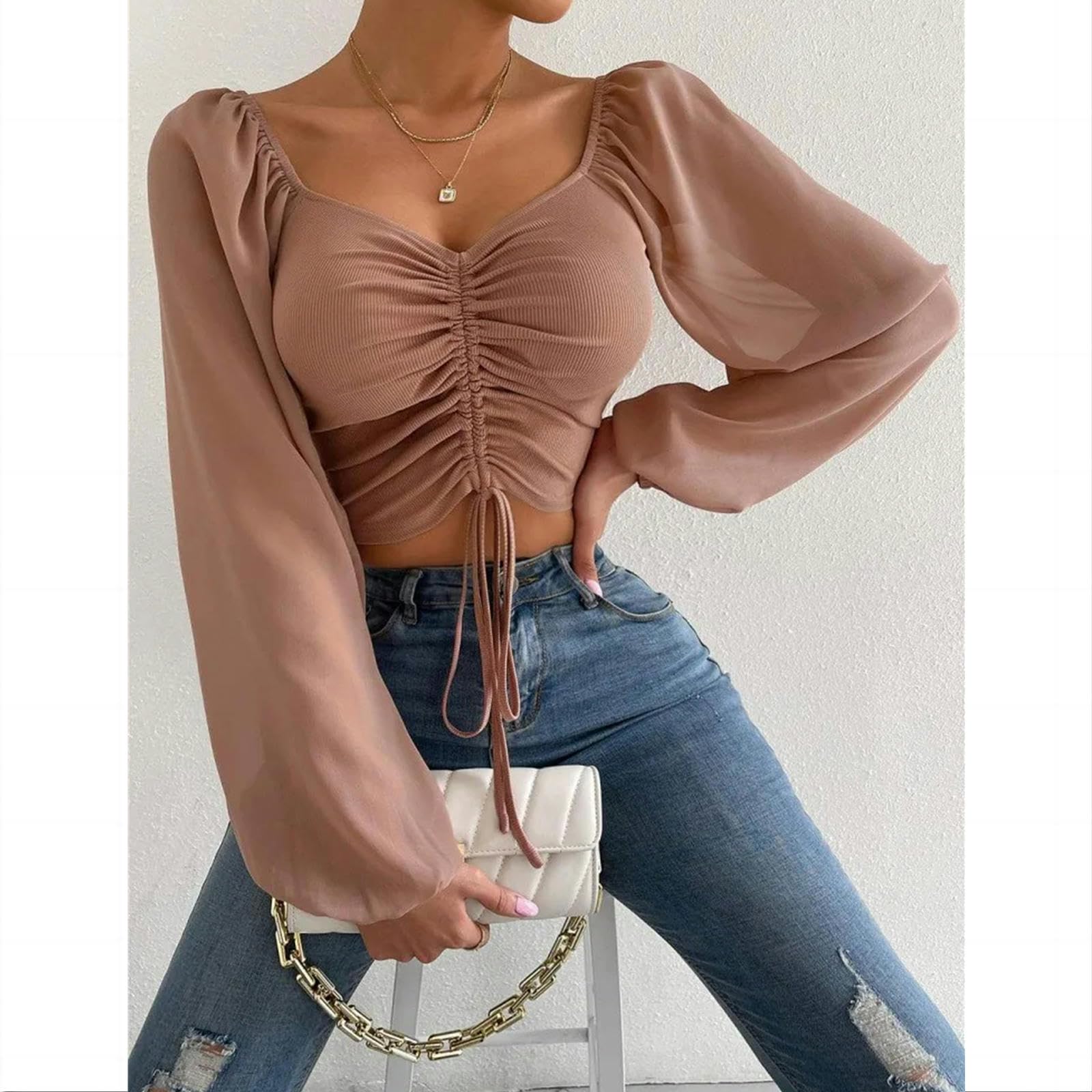 Camicia Donna Elegante Top della Donna Manica di Puff Close-Fitting Estate E Primavera Pizzo su V-Collo di Moda Tinta Unita-Rosso Rosa-s