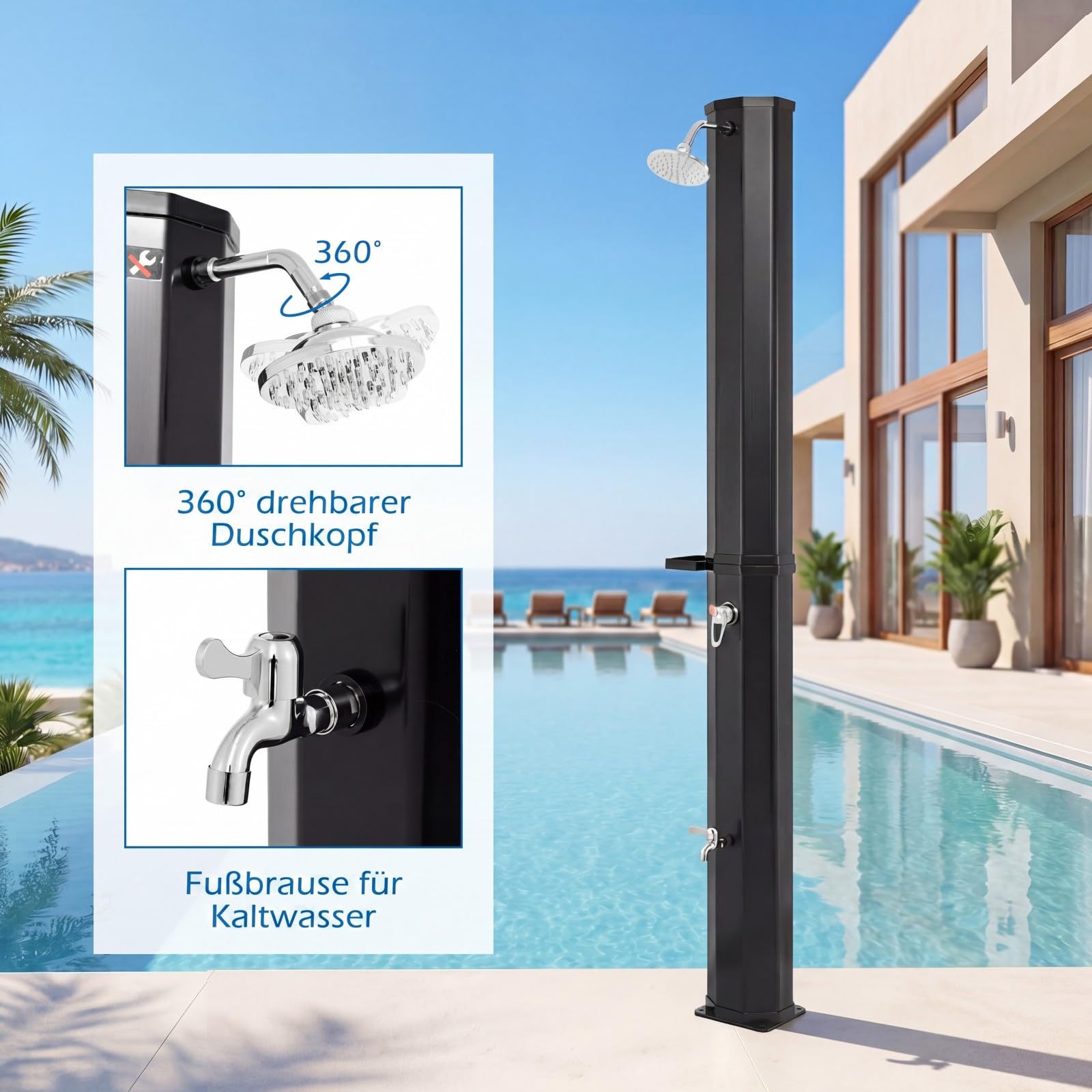 COSTWAY Solardusche 60L inkl. Abdeckung | Gartendusche mit Ablage, Regenduschkopf und Wasserhahn | warmes Wasser | max. 60°C | ohne Stromanschluss | Pooldusche Camping (Schwarz)