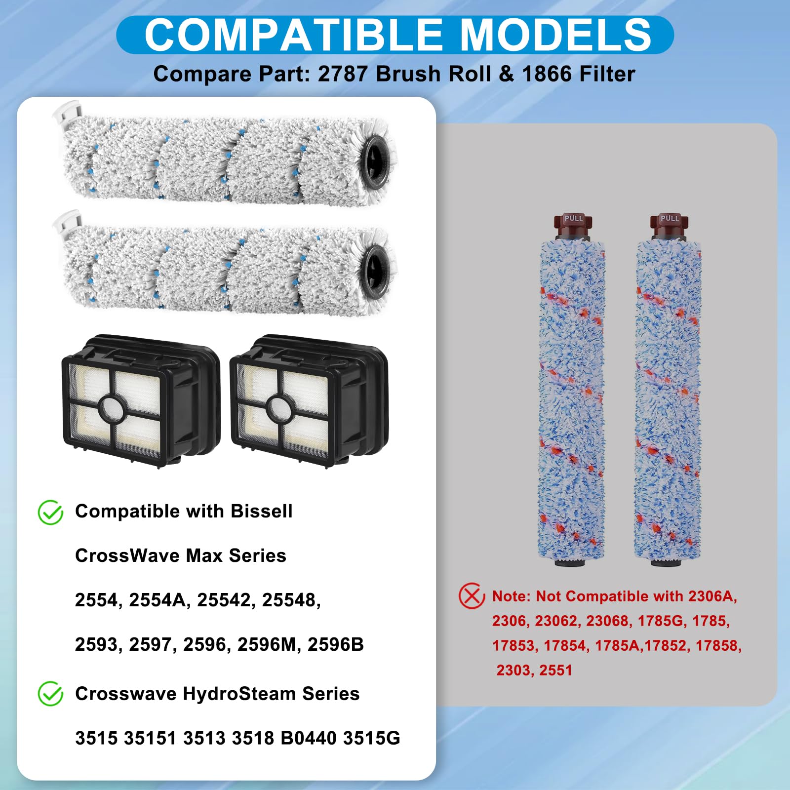YUEYEE 2 Pack 2787 Brush Roller & 1866 Filter Replacement for Bissell CrossWave Cordless Max 3515G 2554 2554A 2590 2593 2596, HydroSteam Plus 35151 3515 3513 3518 B0440 Vacuums, Part 1618638 1608684