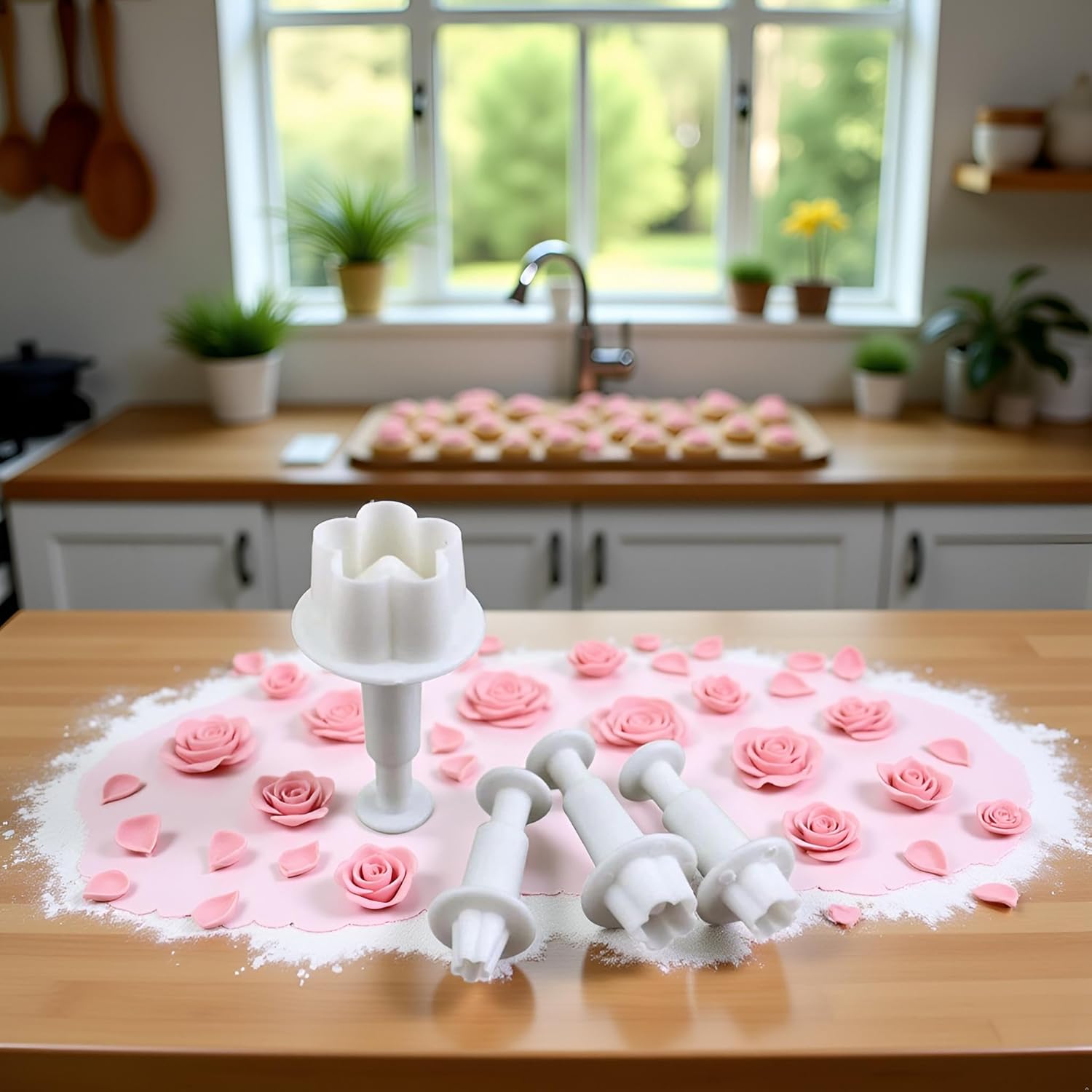 4Pcs White Flower Plunger Cookie Cutters, Blossom Cake Fondant Mold,DIY Flower Cake Fondant Mold Plastic Cake Decorating Tools Baking Accessories for Baking Plastic, Dessert and Candy Sculpting Tools - Image 7